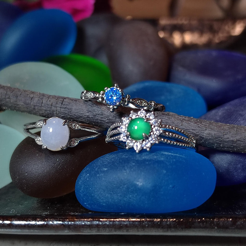 3pcs Set – Burmese White Jadeite, Guatemala Green Jadeite & Blue Topaz Rings | S925 Silver | Elegant Mixed Energy Trio | SL408
