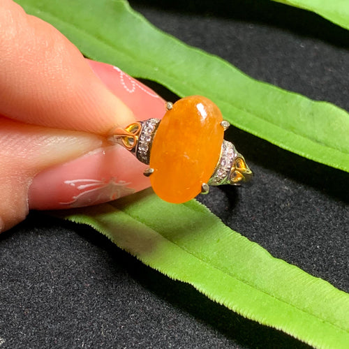 Burmese Certified A-Grade Natural Untreated Icy Yellow Oval Shape Jadeite Zircon S925 2 Tone White & Gold Plated Ring SL254X13 - SL Precious