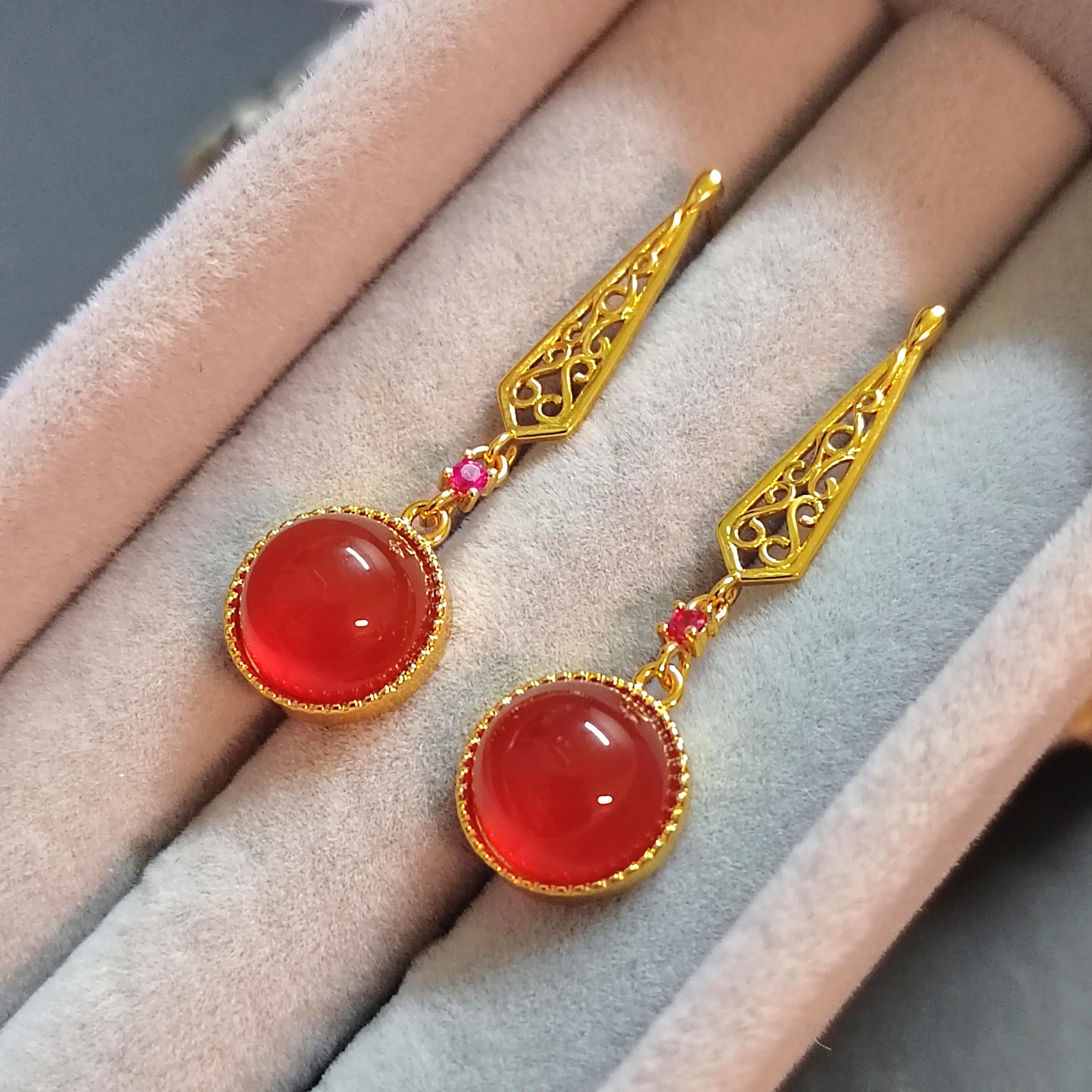 Certified Icy China Baoshan Southern Red Nanhong Agate S925 Silver Stud Dangle 中国风  古法掐丝工艺镶嵌  原矿南红冰红细长耳饰 SL261X20