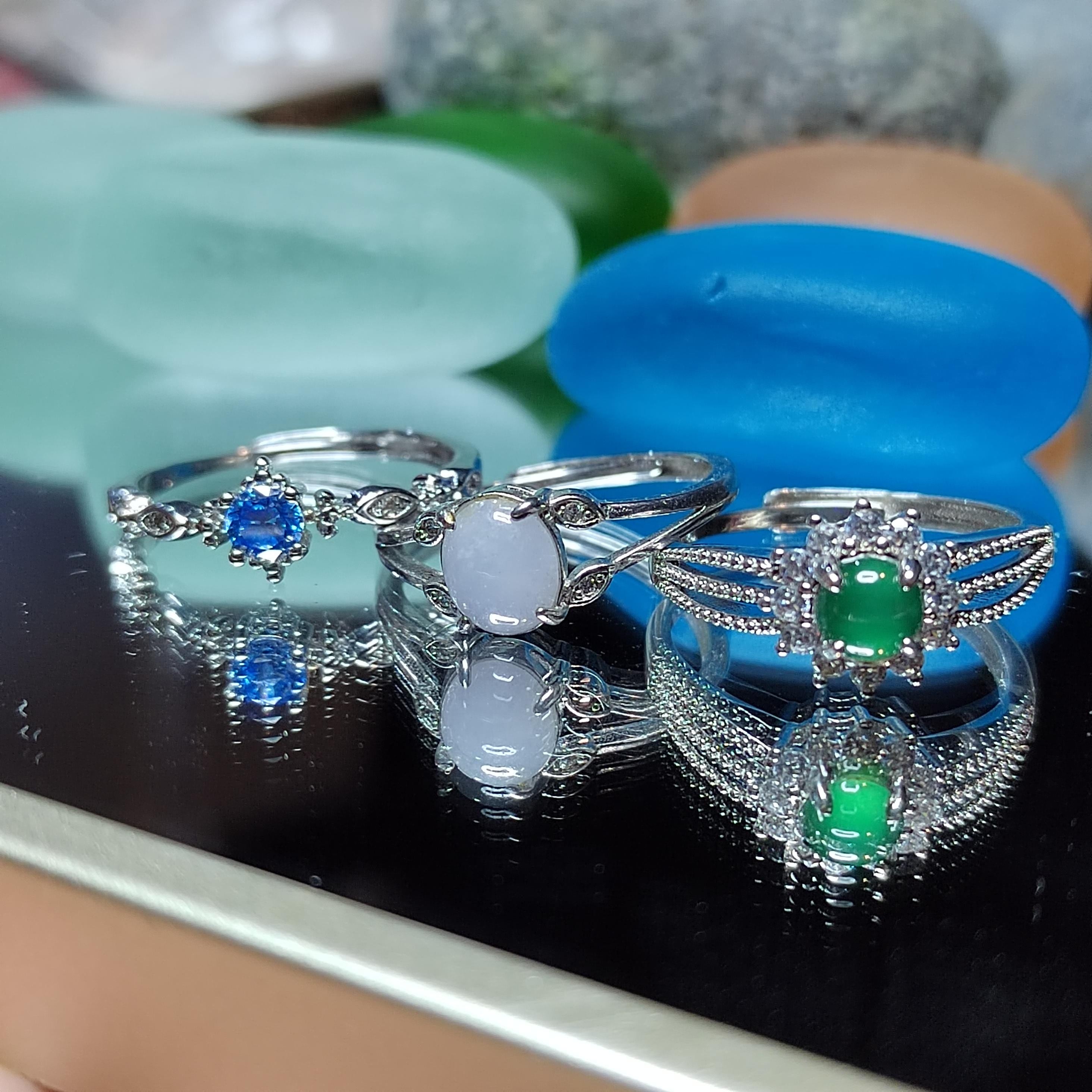 3pcs Set – Burmese White Jadeite, Guatemala Green Jadeite & Blue Topaz Rings | S925 Silver | Elegant Mixed Energy Trio | SL408