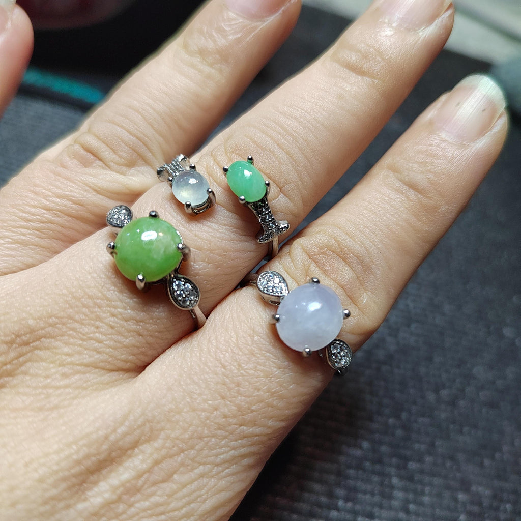Burmese Jadeite Ring Set: Sterling Silver, Zircon Accents SL411