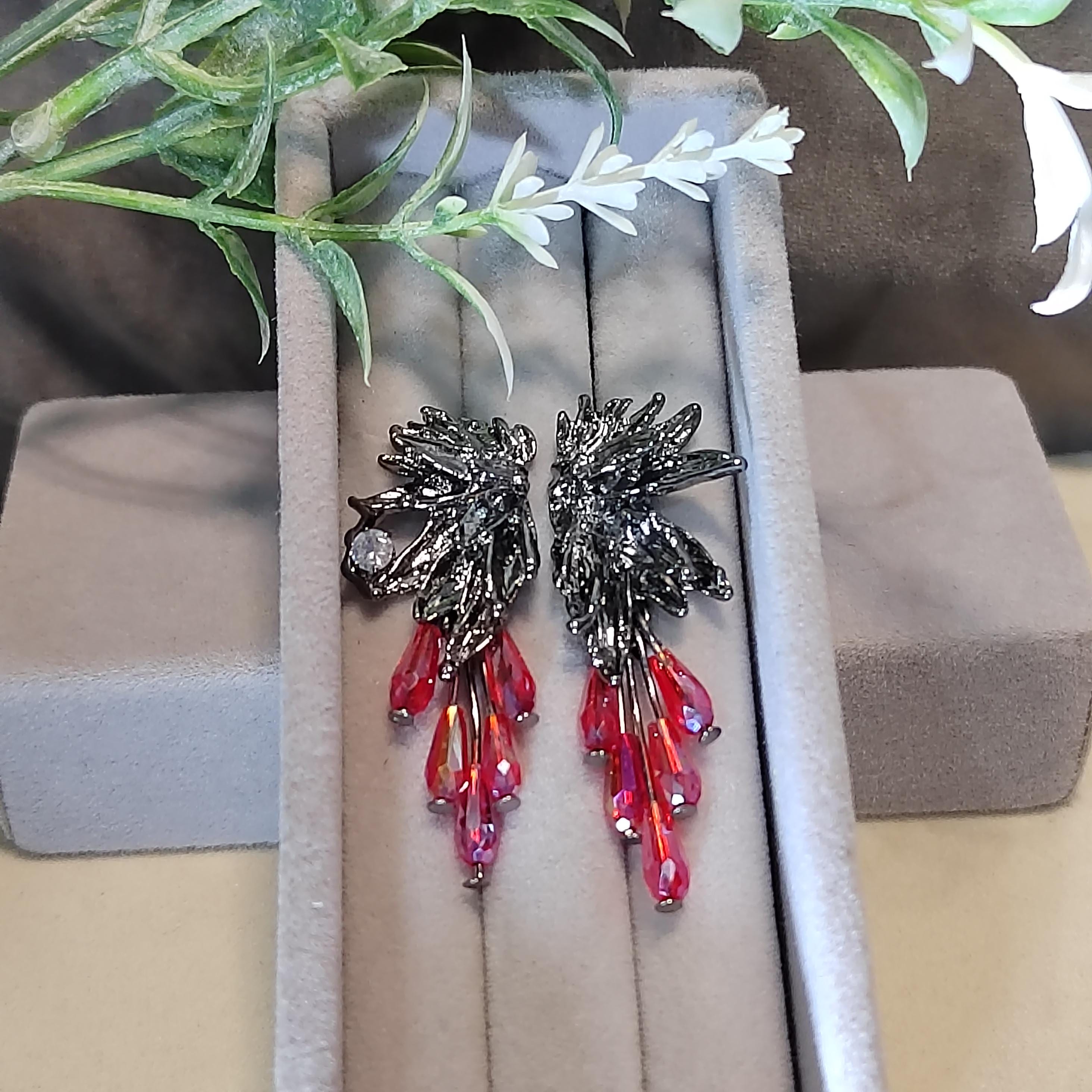 Super Trendy Designs Earrings | Black Silver Plated Zircon Red Glass Bead | Party, Anniversary, Wedding, Casual | For Her SL156 - SL Precious