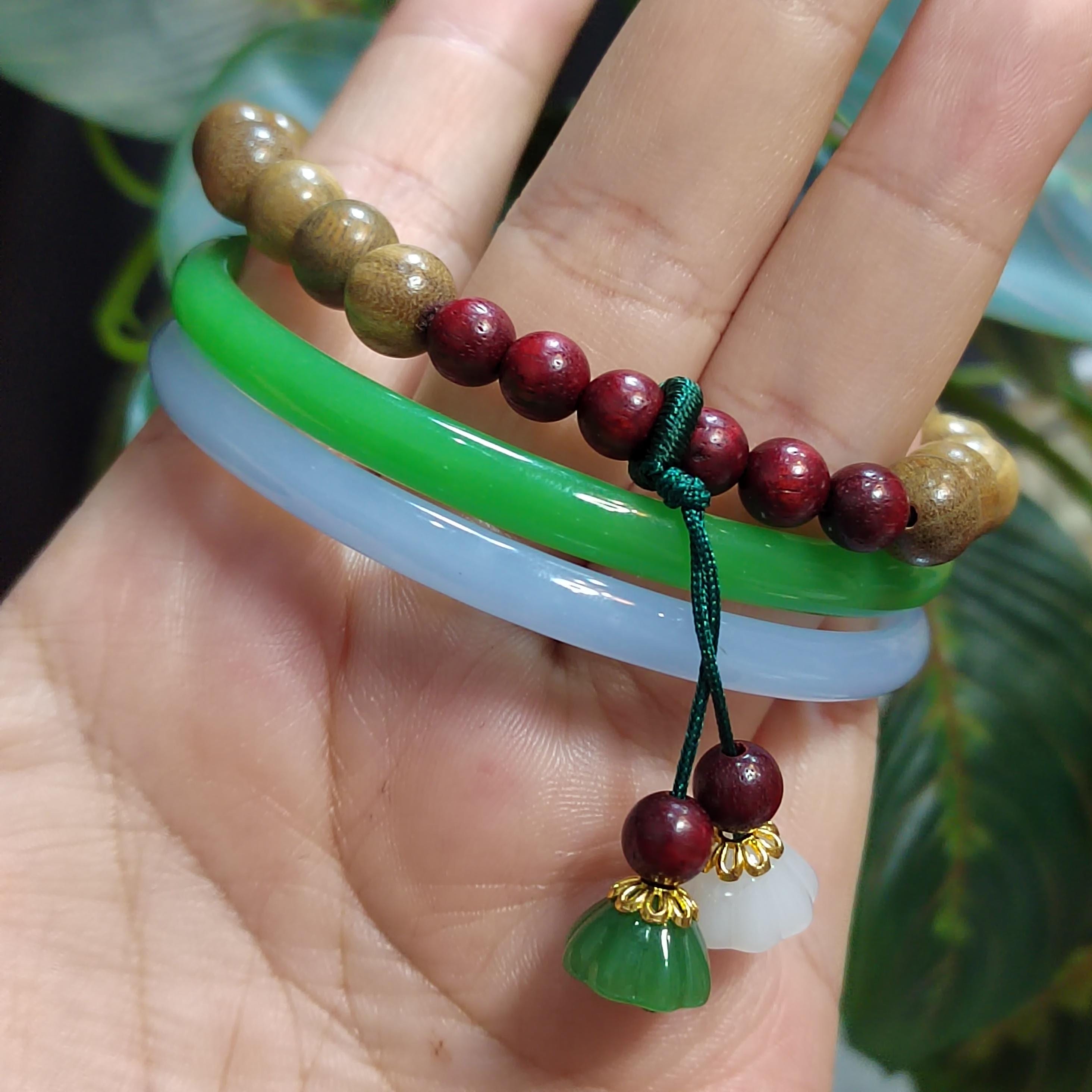 Agate Bangle Bracelet Set: Purple & Green Agate, Sandalwood Beads SL0450C