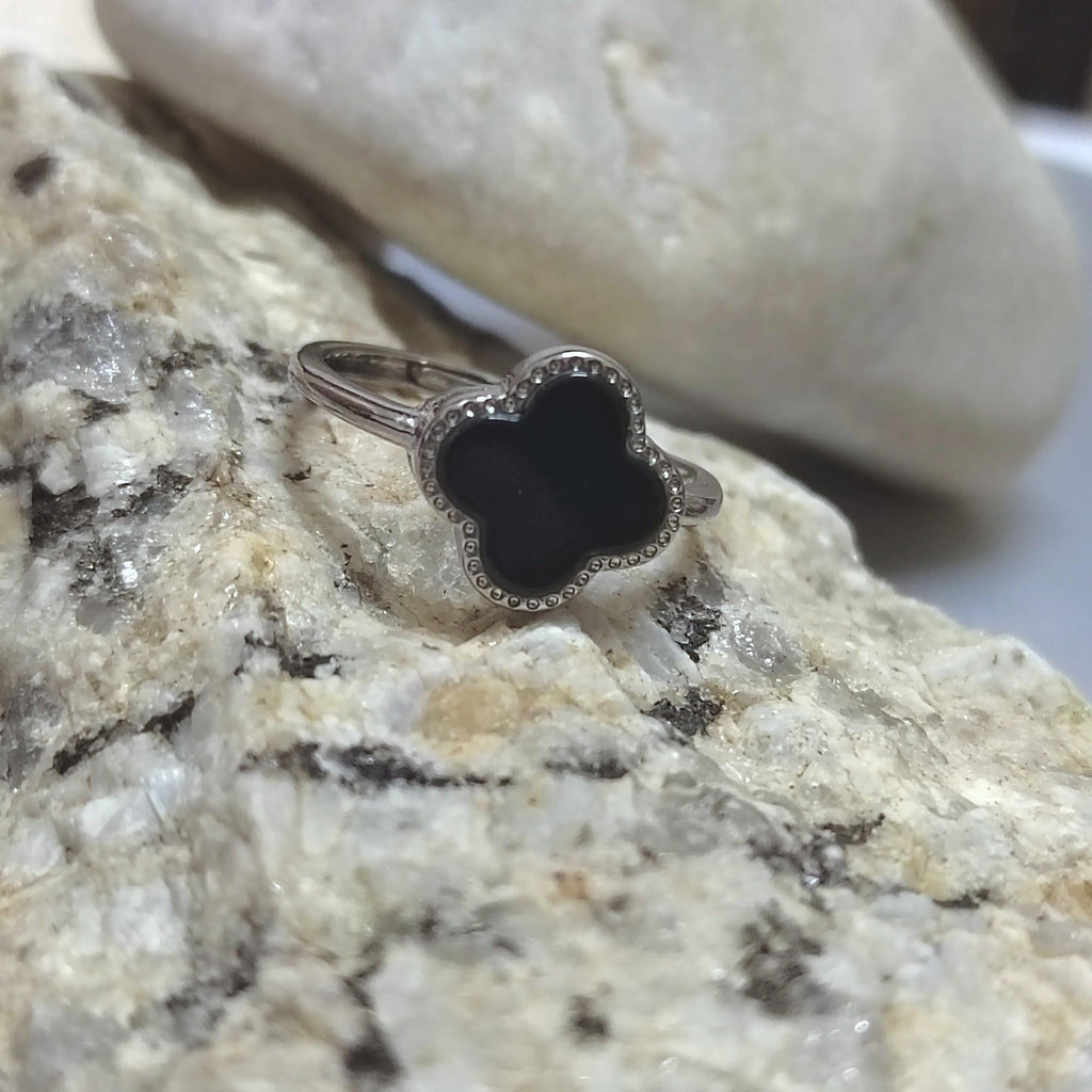 Certified Minimalist A-Grade Natural Untreated Burmese Black Ink Jadeite S925 Sterling Silver Lucky Flower Ring For Her SL255X14 - SL Precious