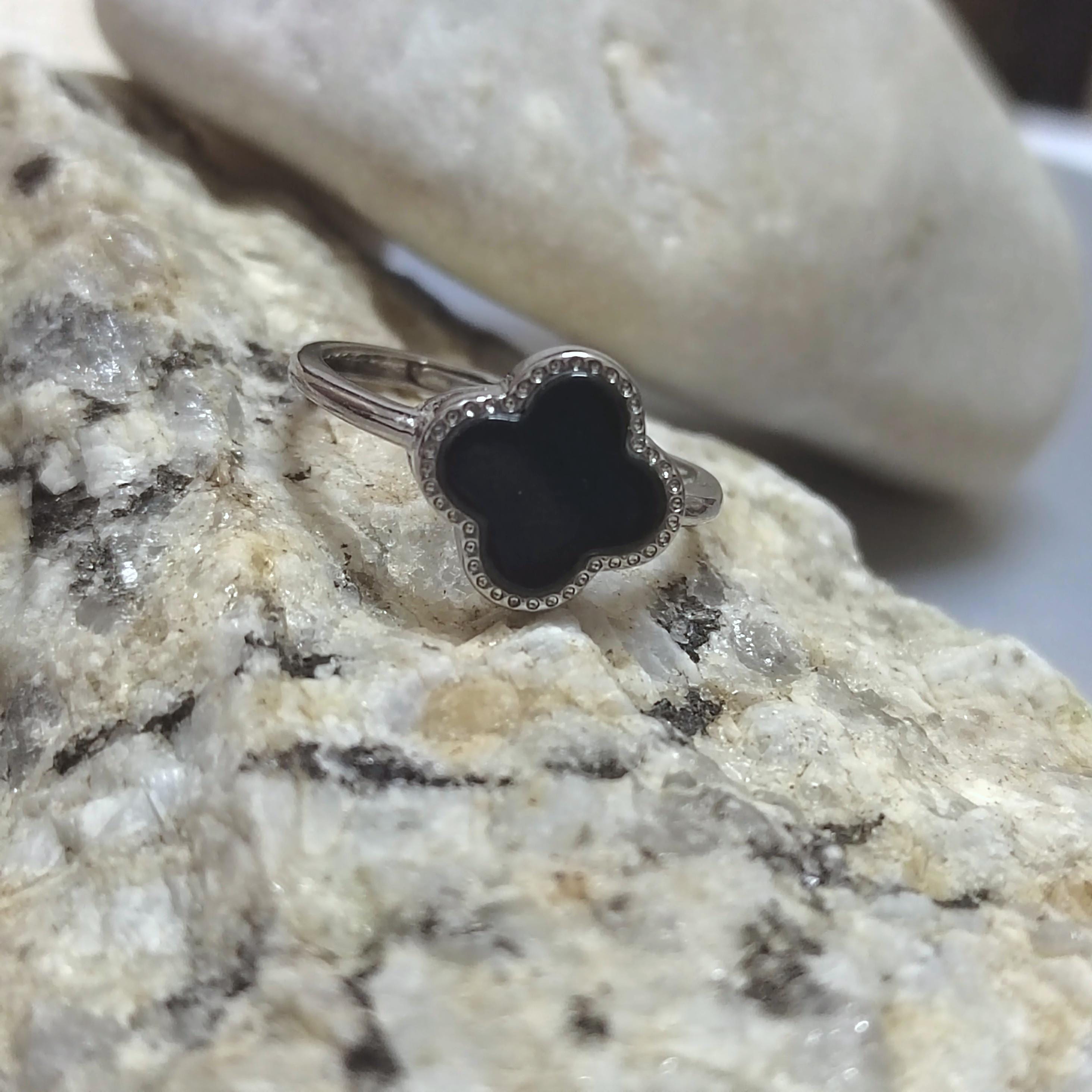 Certified Minimalist A-Grade Natural Untreated Burmese Black Ink Jadeite S925 Sterling Silver Lucky Flower Ring For Her SL255X14 - SL Precious