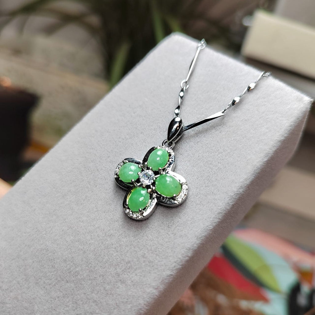 Elegant Burmese Green Jadeite Necklace with Zirconia - Genuine A-Grade Gemstone on 925 Silver Chain SL039 - SL Precious
