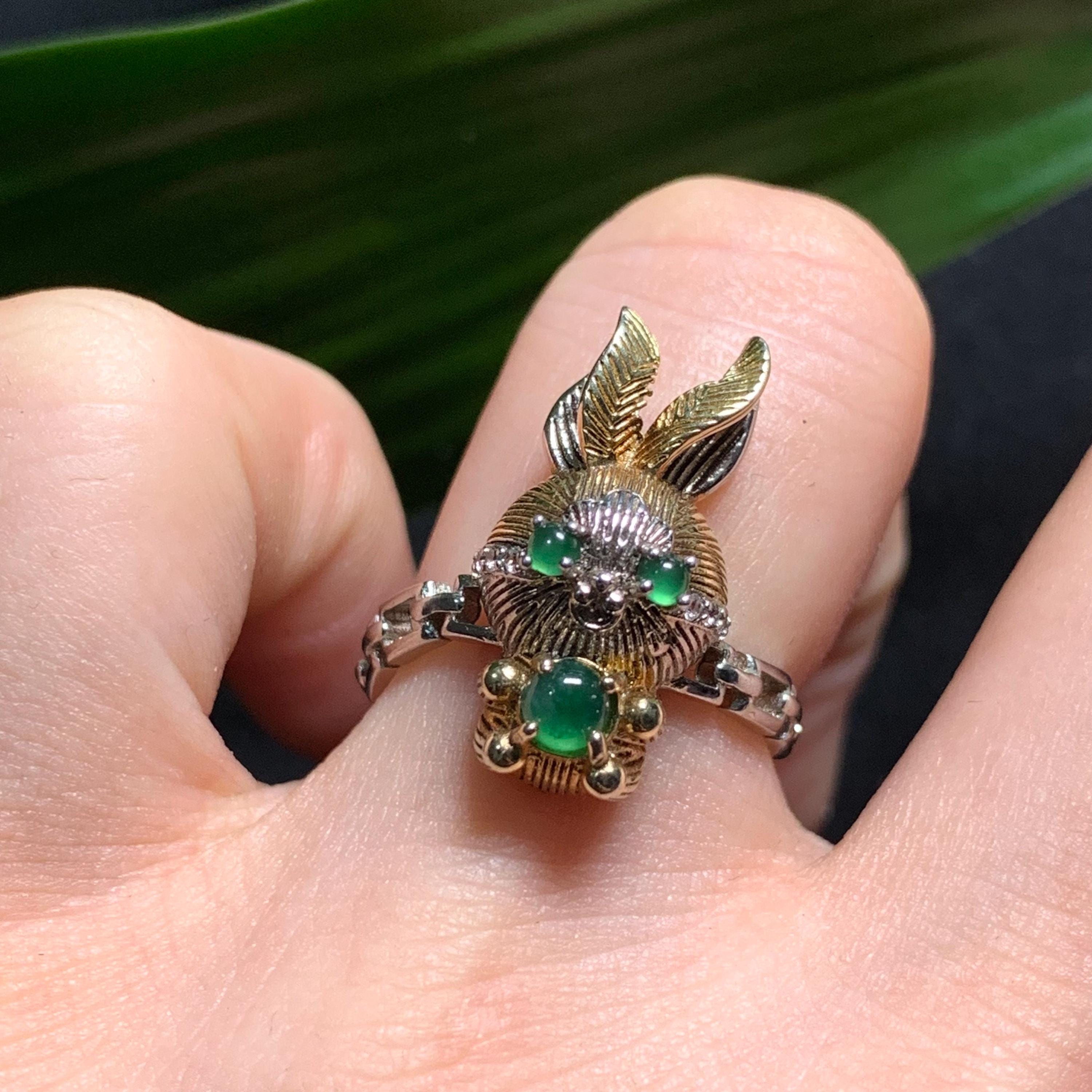 Certified Natural Untreated Imperial Green Rabbits S925 Sterling Silver Jadeite Ring With Zircon Setting SL242X1 - SL Precious