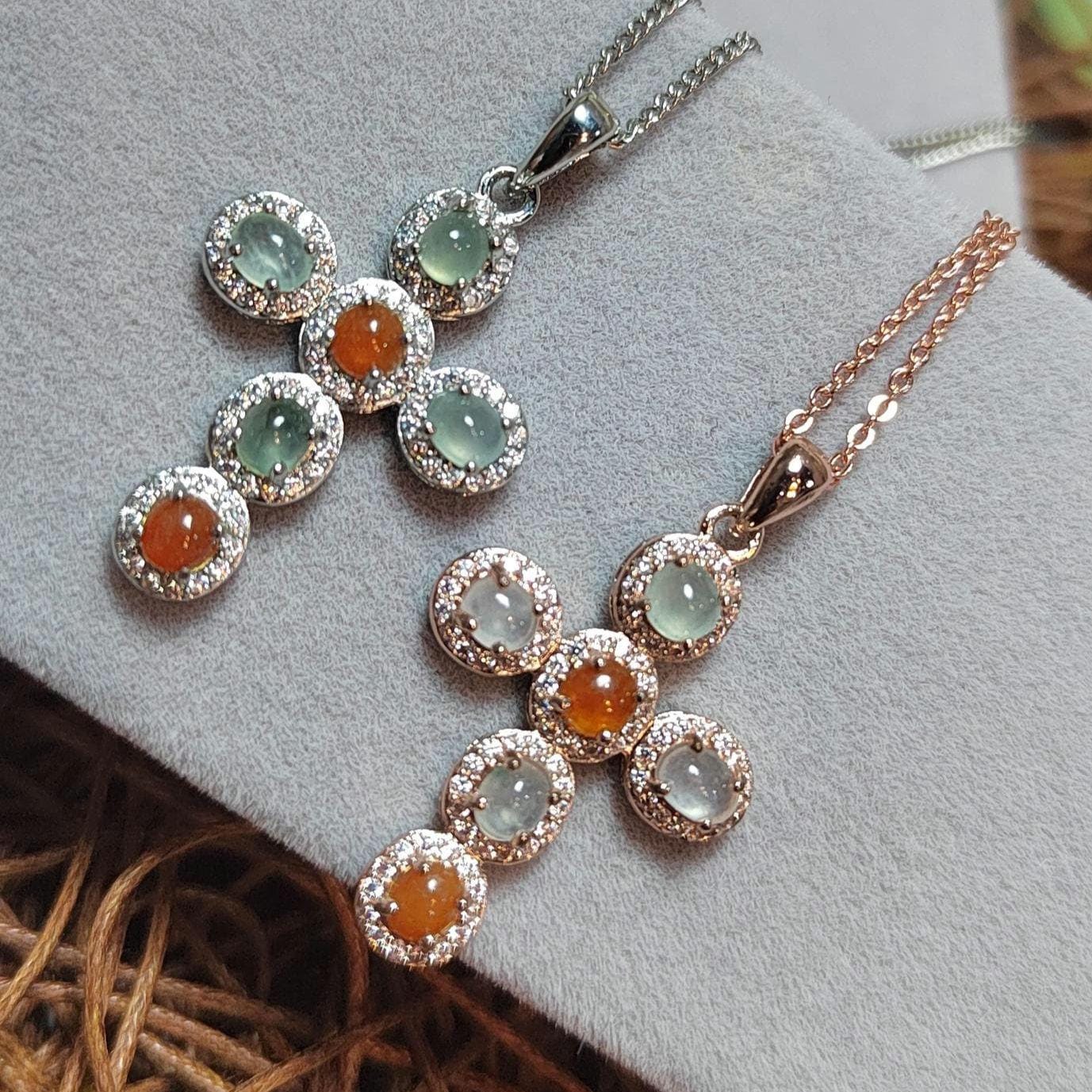 Natural Burmese Red/White Icy A Grade Jadeite Cross 925 Silver 18k Rose/White Gold Plated Zirconia Christian Cross Jewelry Set SL057 - SL Precious