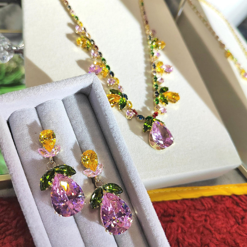 Zircon Flower Leaf Jewelry Set: Teardrop Necklace & Earrings SL153 - SL Precious