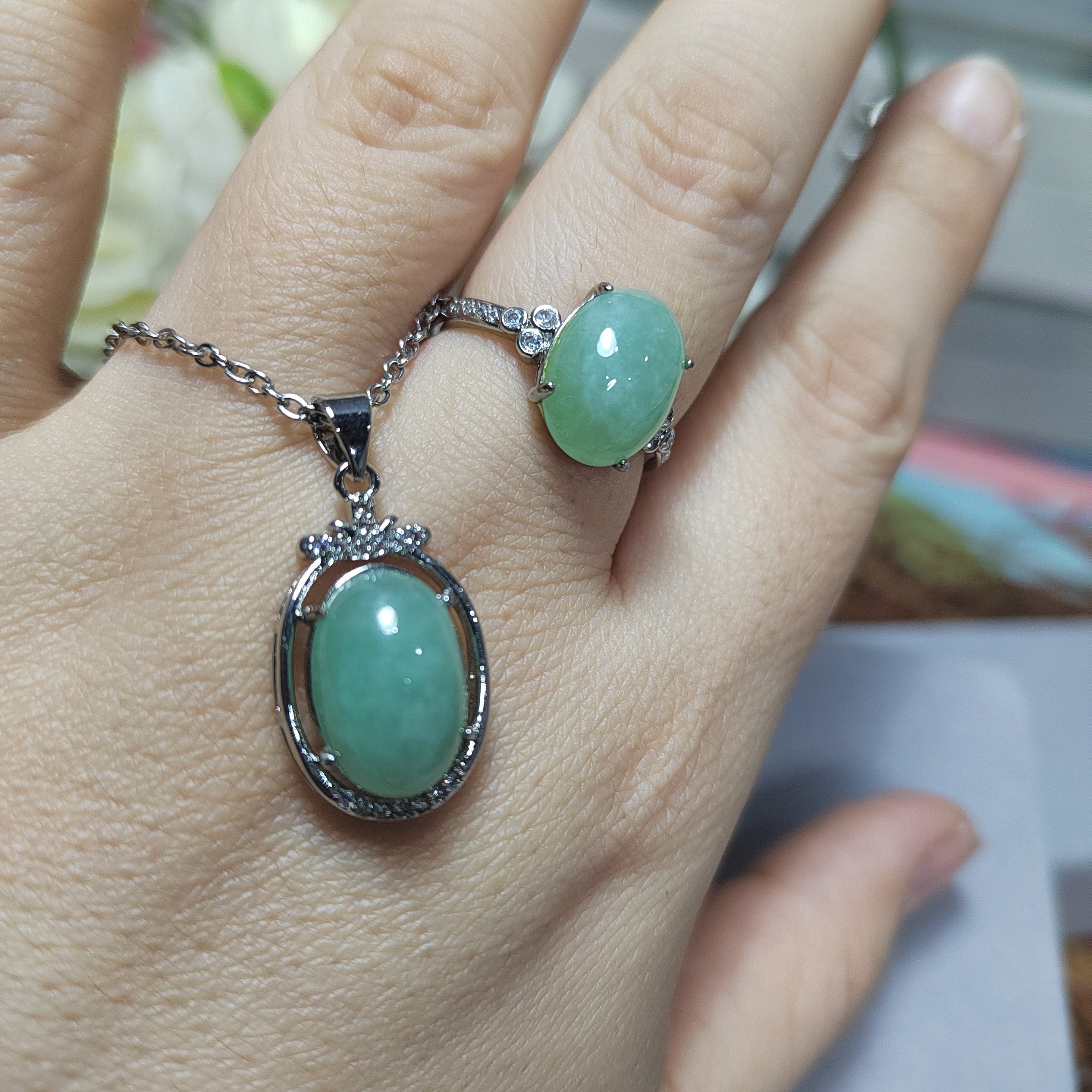 Burmese Natural Gemstone Untreated Light Apple Green Pendant and Ring 2pcs Set Jewellery For Her Minimalist Design SL070