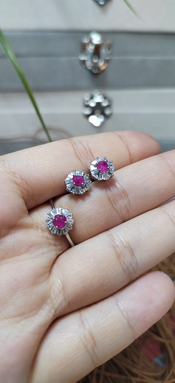 Untreated Natural Mogok Burmese Ruby with Zirconia Accent S925 Silver Earring & Ring Set SL055