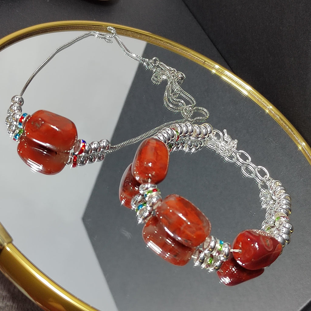 Natural Sichuan Wasi Southern Red Nanhong Agate 2pcs Set | Uneven Cut Bracelet/Necklace | Handmade Design SL309