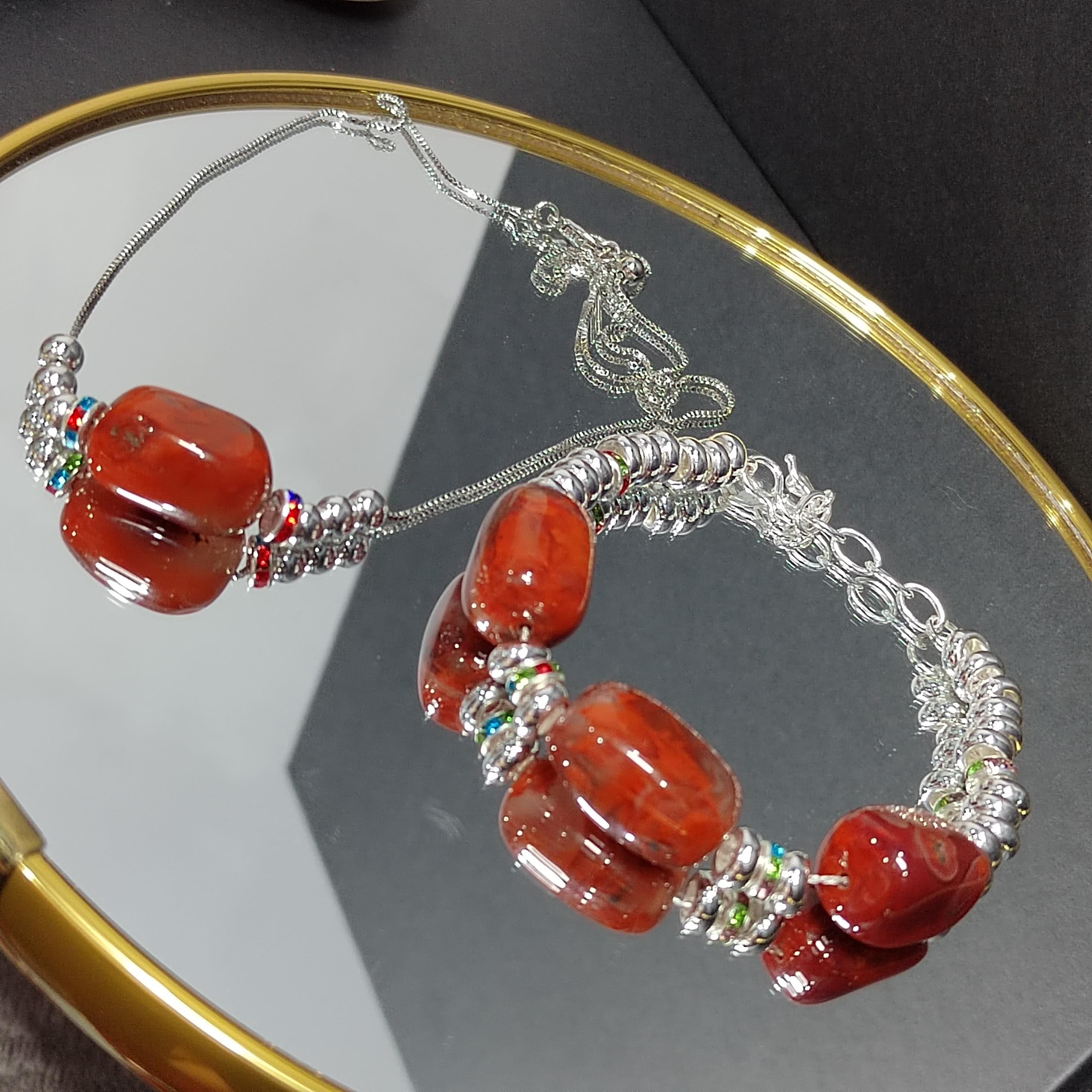 Natural Sichuan Wasi Southern Red Nanhong Agate 2pcs Set | Uneven Cut Bracelet/Necklace | Handmade Design SL309