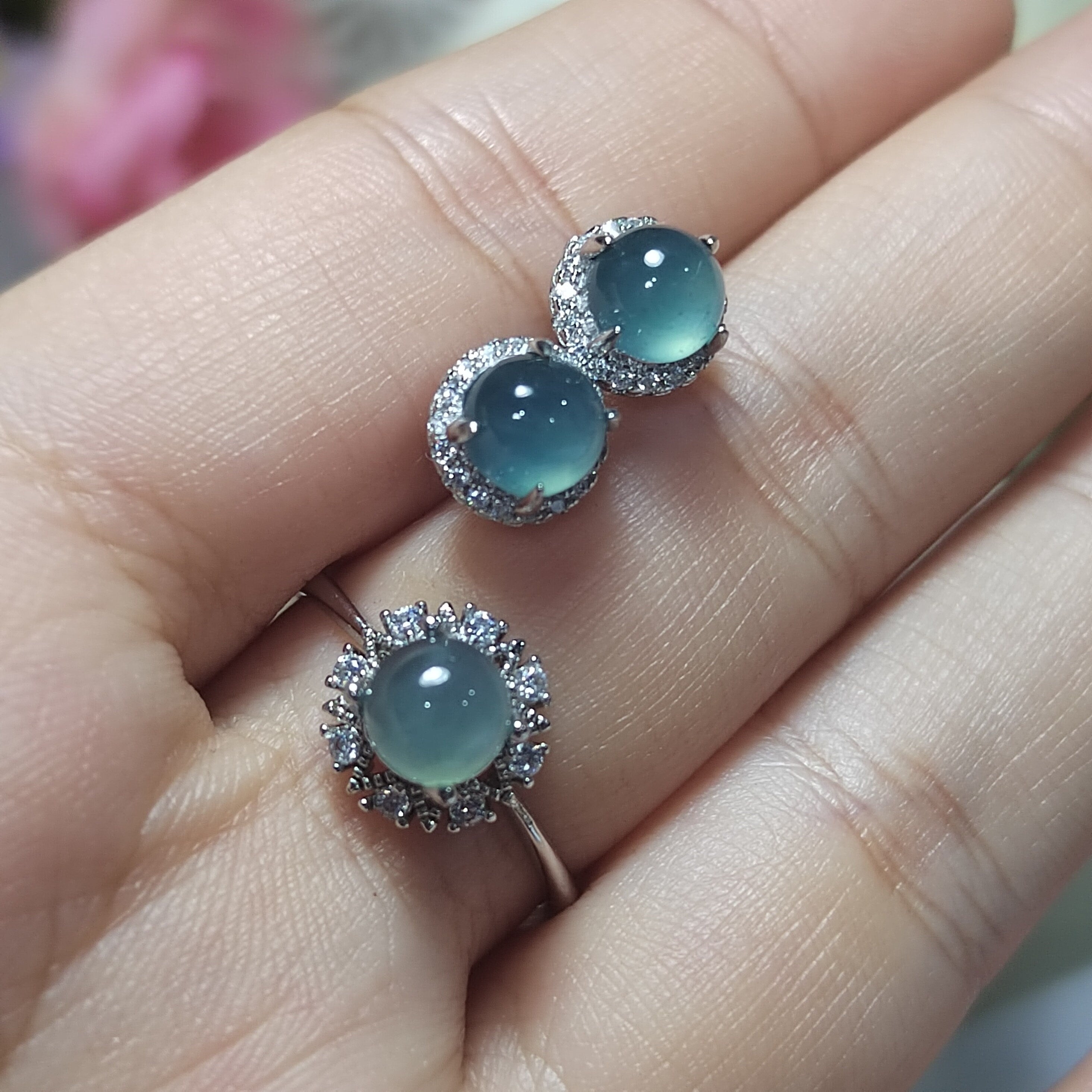 Round Ocean Blue 2pcs Set Earring & Ring Light Bump A Grade Natural Gemstone  Guatemala Jadeite For Her Minimalist SL075 - SL Precious