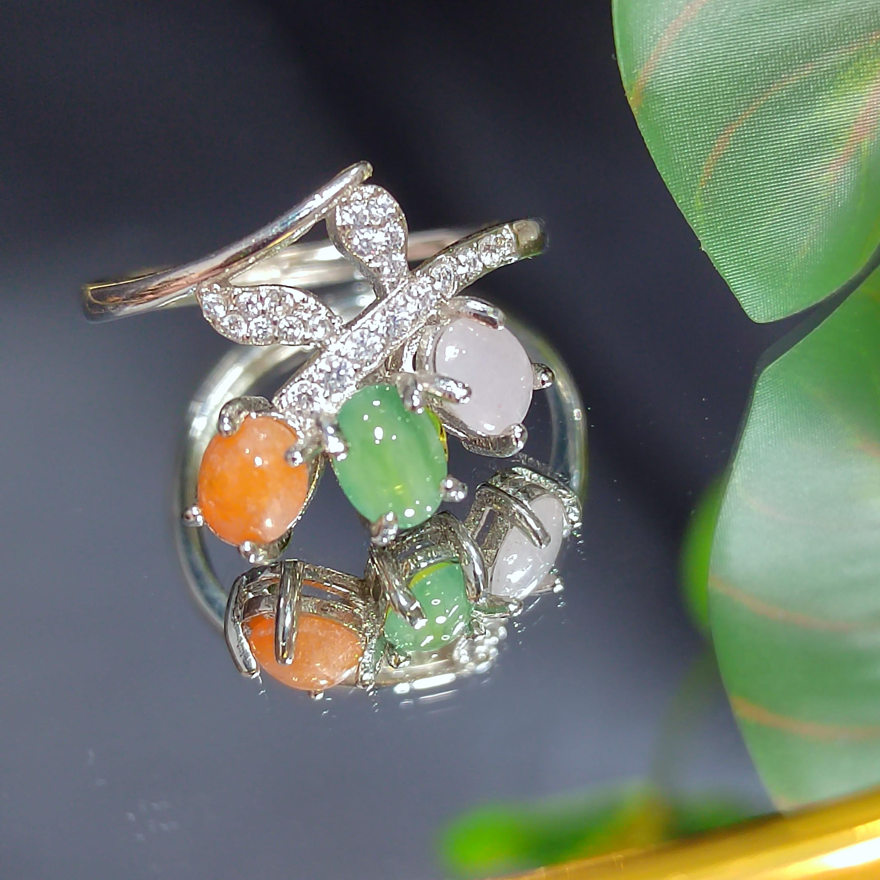 3 Colors Certified Natural Gemstone Untreated Burmese Jadeite Elegant Lower Leaf Yellow, Green, White with Zircon Accents S925 Ring SL134
