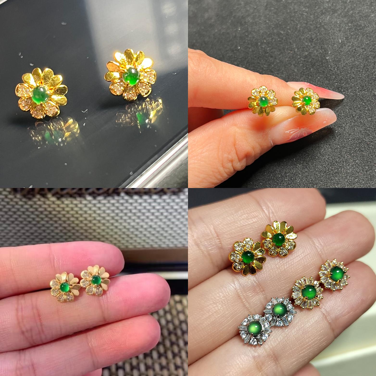 Certified 3 Different Types Natural  Imperial Green Minimalist Stud Guatemala Jadeite Earrings 18k Plated on 925 Sterling Silver SL349x29