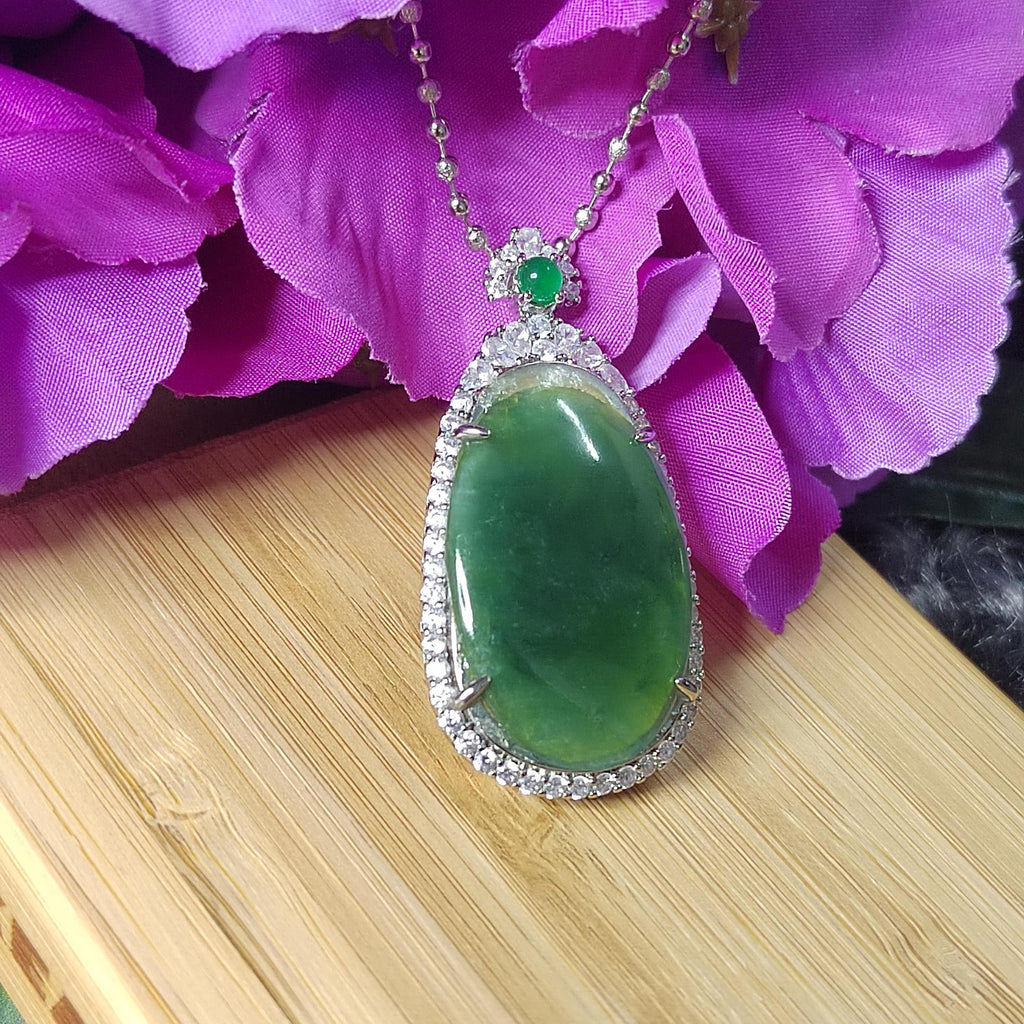 Certified Natural Burmese Necklace Dark Apple Green Jadeite with Zirconia Accents On 925 Silver Plated with 18K White Gold SL062 - SL Precious