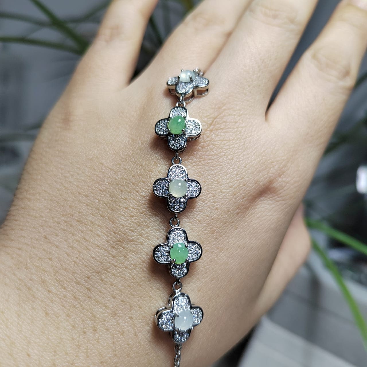 Certified A-Grade Lucky Flower Burmese Gemstone White/Apple Green Jadeite with Zirconia S925 Silver Bracelet | For Her Gifts,Occasions SL032 - SL Precious