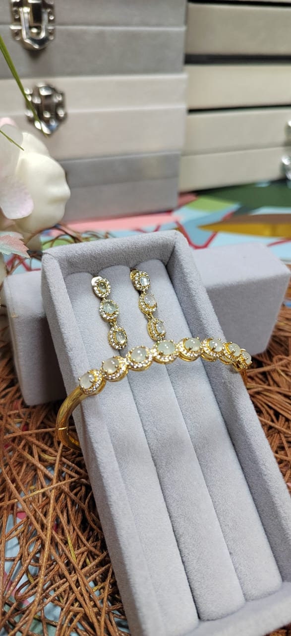 Natural Luxury Burmese Icy Light Jadeite Earrings & Bangle Set | 18K Gold Plated SL064 - SL Precious
