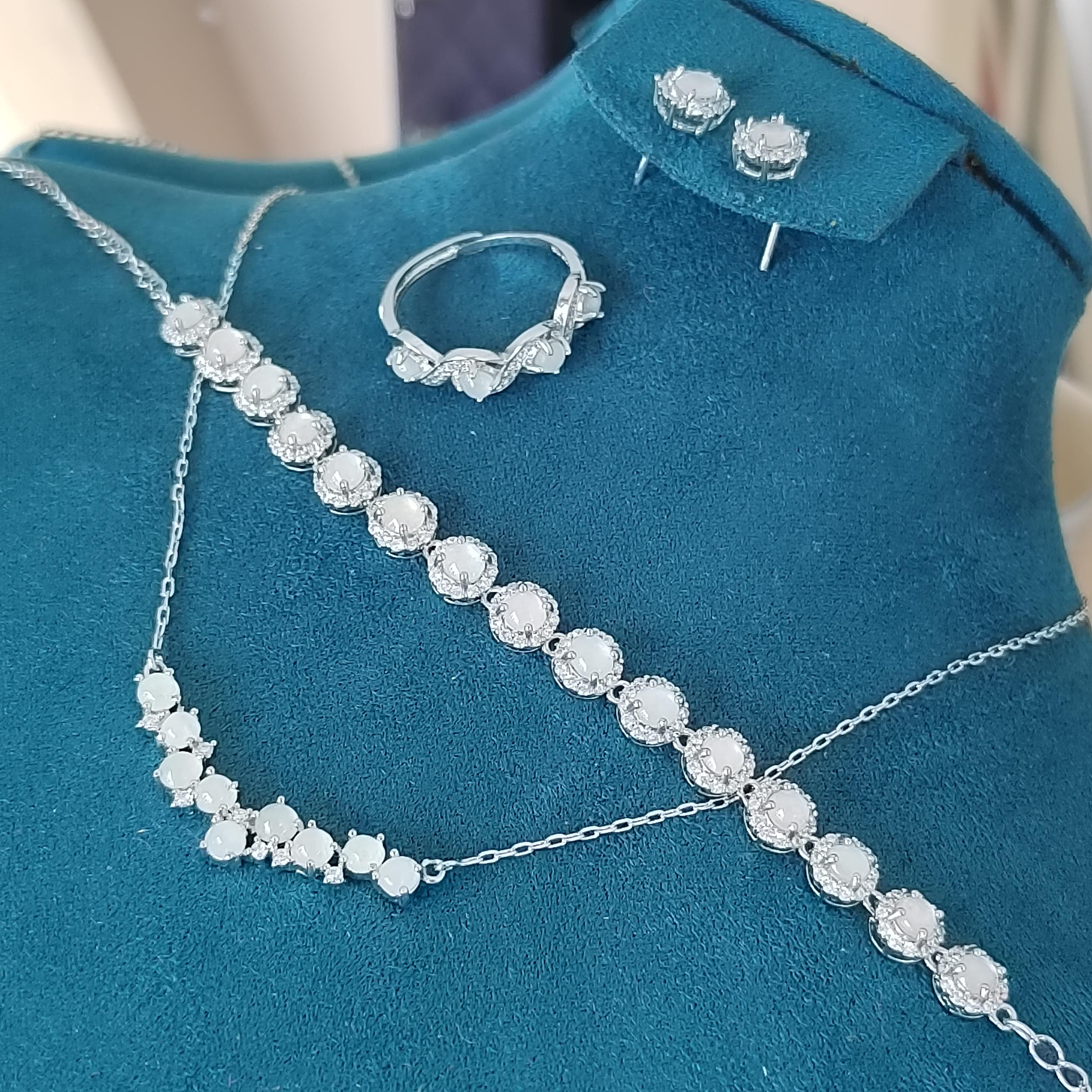 4pcs Set Women Burmese Gemstone A Grade Natural Untreated White Icy Zirconia Jadeite Earrings, Ring, Necklace, Bracelets SL130