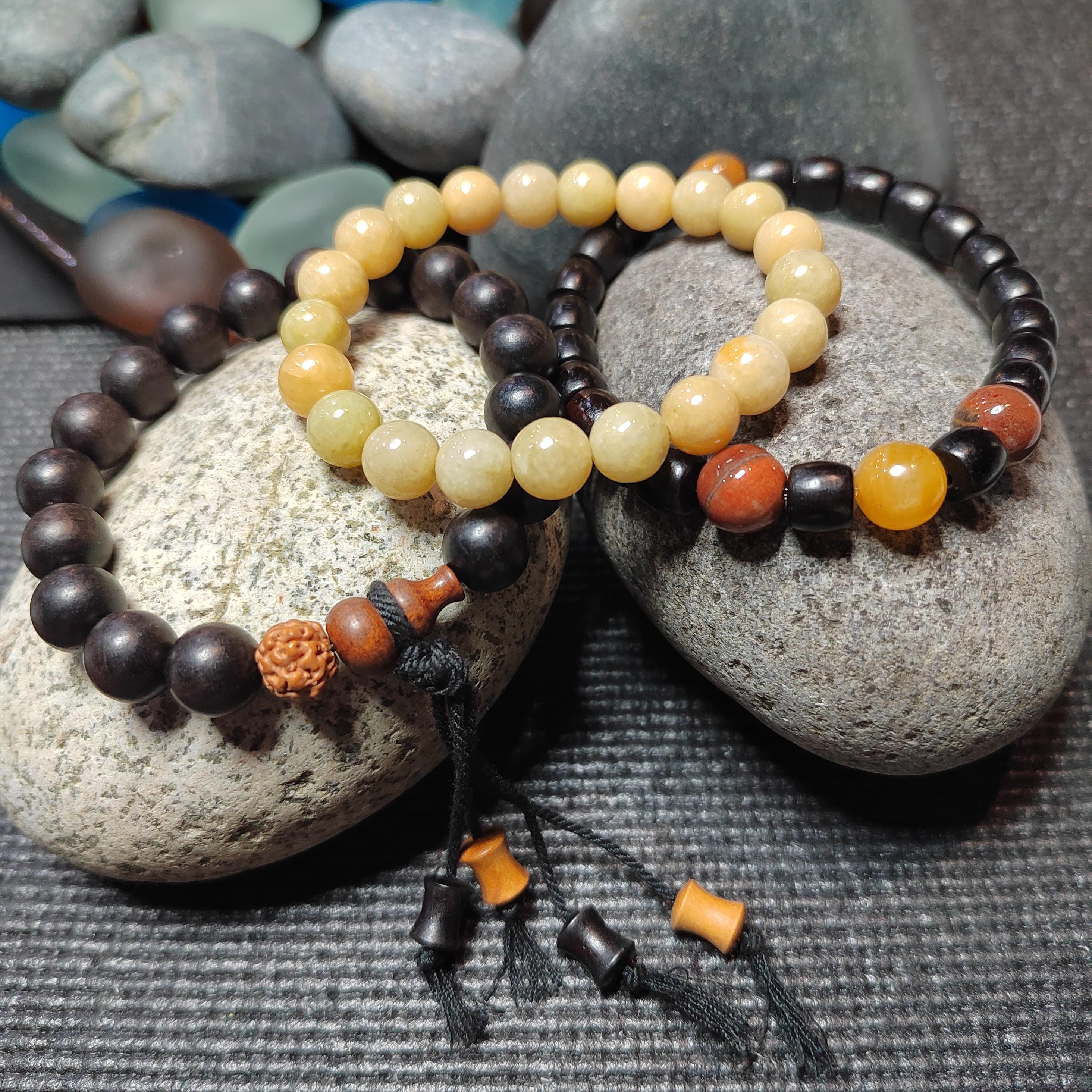 Burmese Yellow Jadeite Bracelet Set: HuangLong Jade & Ebony Wood SL423