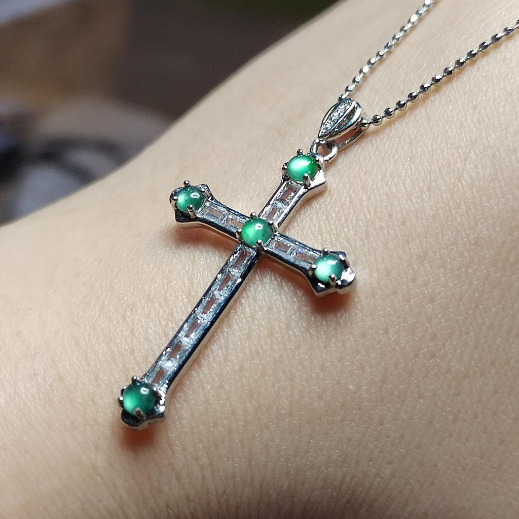 Certified Untreated A-Grade Burmese Icy Light Bulbs Natural Untreated Green Jadeite Cross Necklace | Christian Gift SL051 - SL Precious