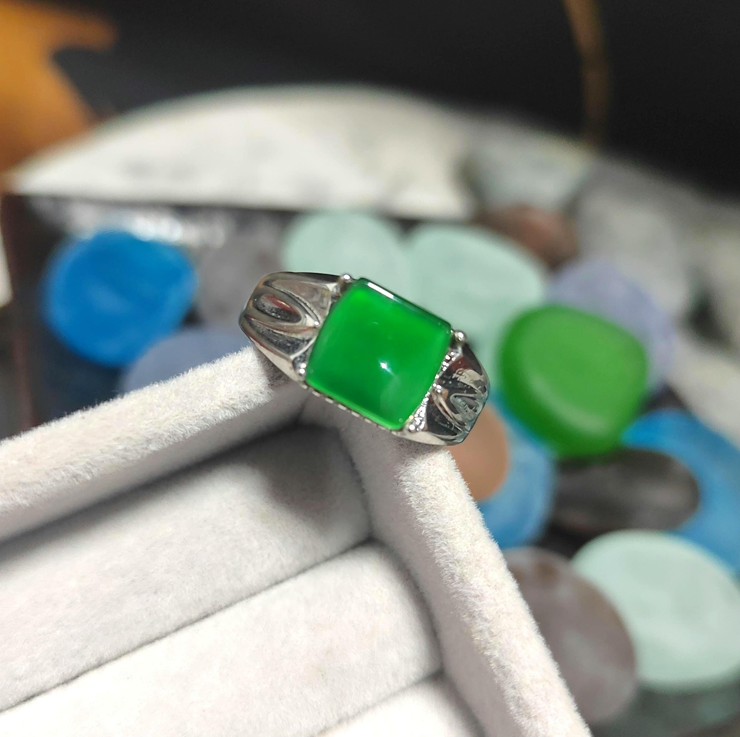 Certified Natural Untreated Burmese Icy Clean Imperial Vivid Green Men Jadeite Ring S925 Sterling Silver SL371