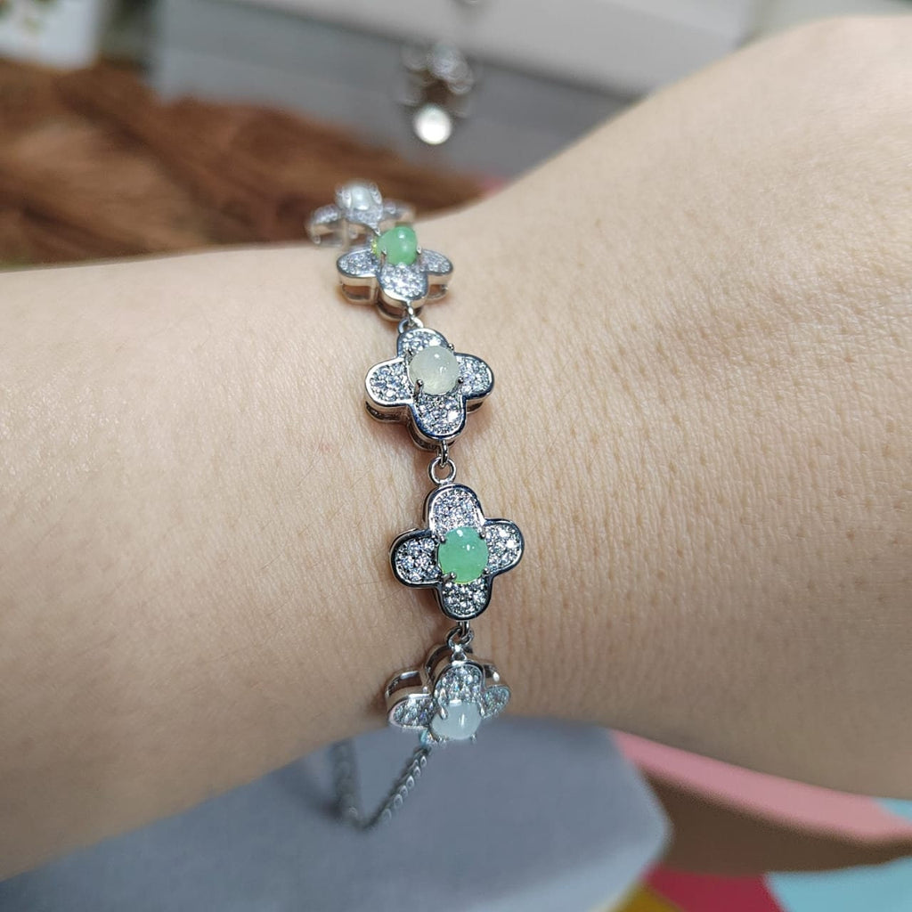 Certified A-Grade Lucky Flower Burmese Gemstone White/Apple Green Jadeite with Zirconia S925 Silver Bracelet | For Her Gifts,Occasions SL032 - SL Precious