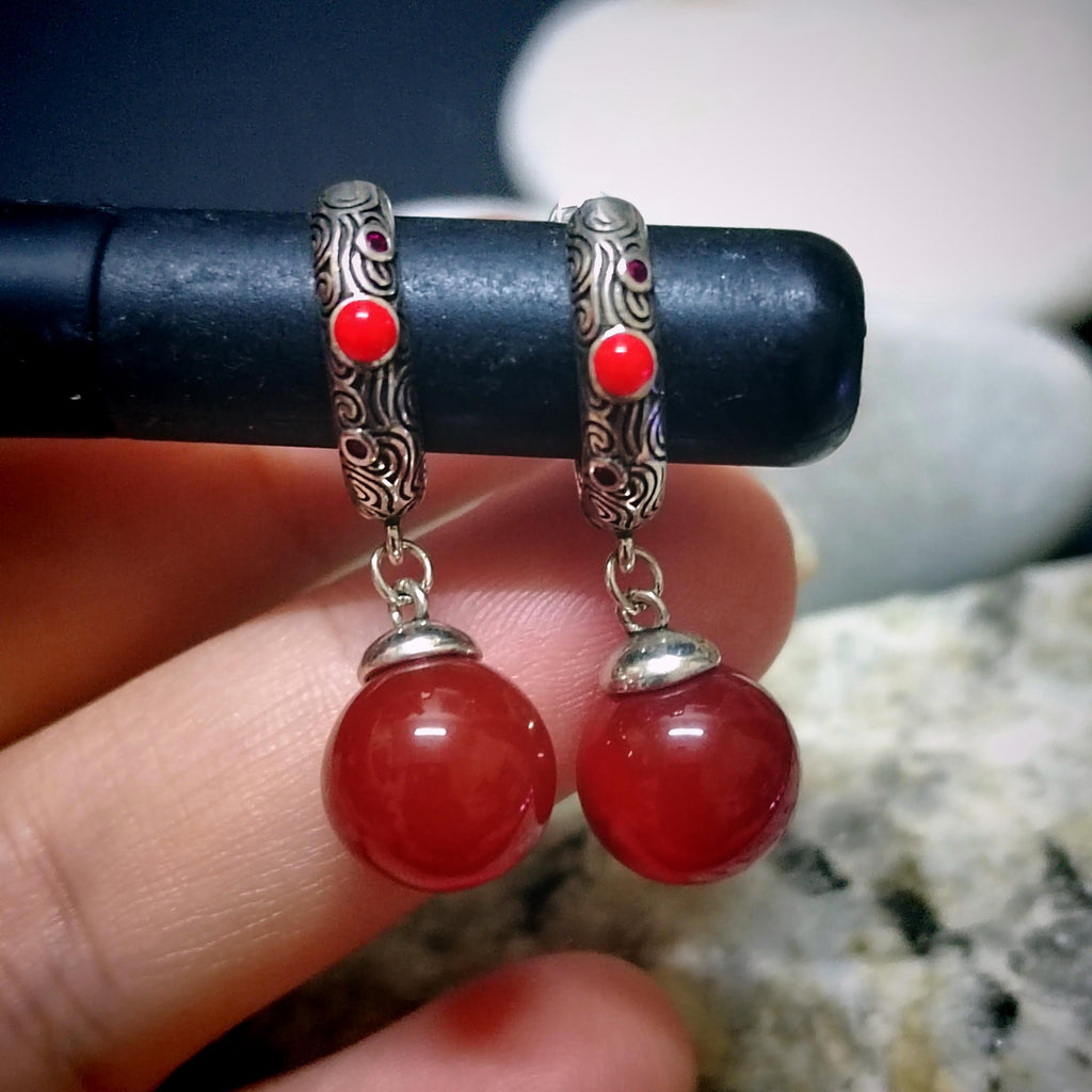 Elegant S925 Silver Design Hoop/Dangle Earrings | Certified A-Grade Natural Baoshan Southern Red Nanhong Agate SL256X15 - SL Precious
