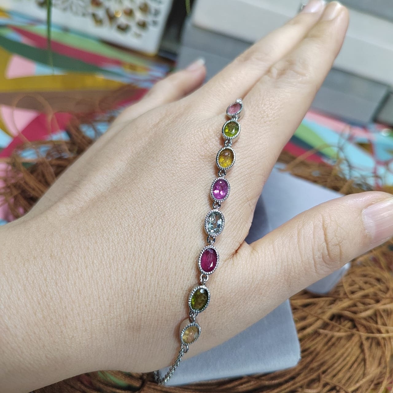 Elegant 5-Color Minimalist 1ct Oval Tourmaline Bracelet on 925 Sterling Silver, Dainty Gemstone Gift for Her SL036 - SL Precious