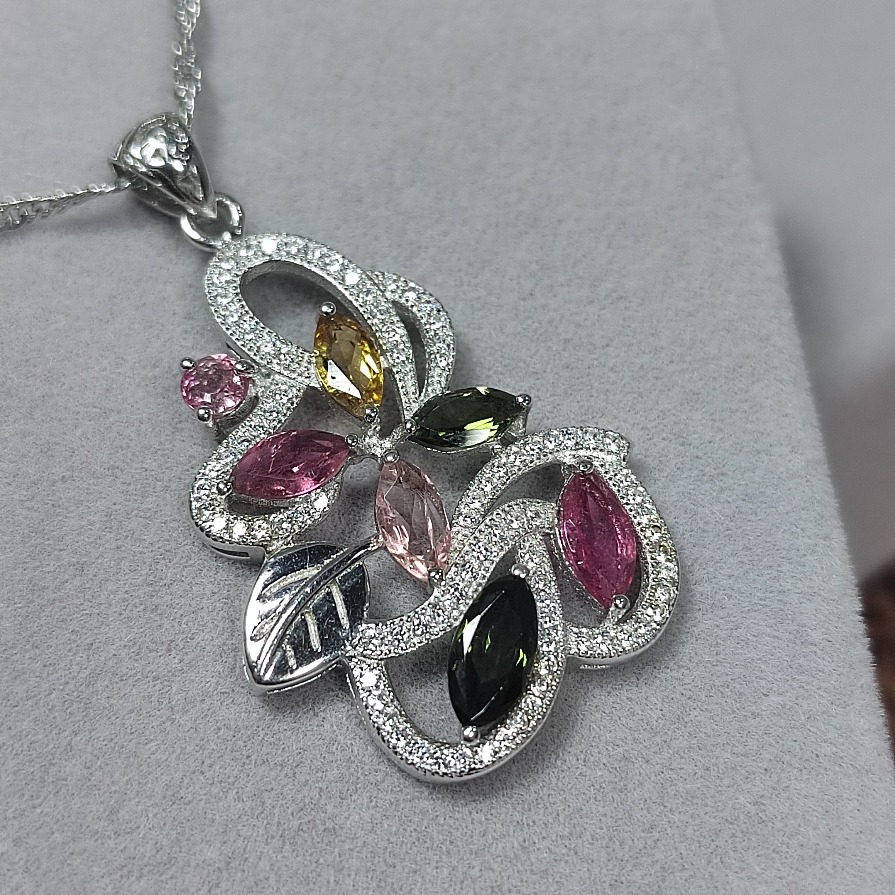 Colorful Untreated Natural Tourmaline Pendant Beautiful Flowers with Zirconia Setting SL071 - SL Precious