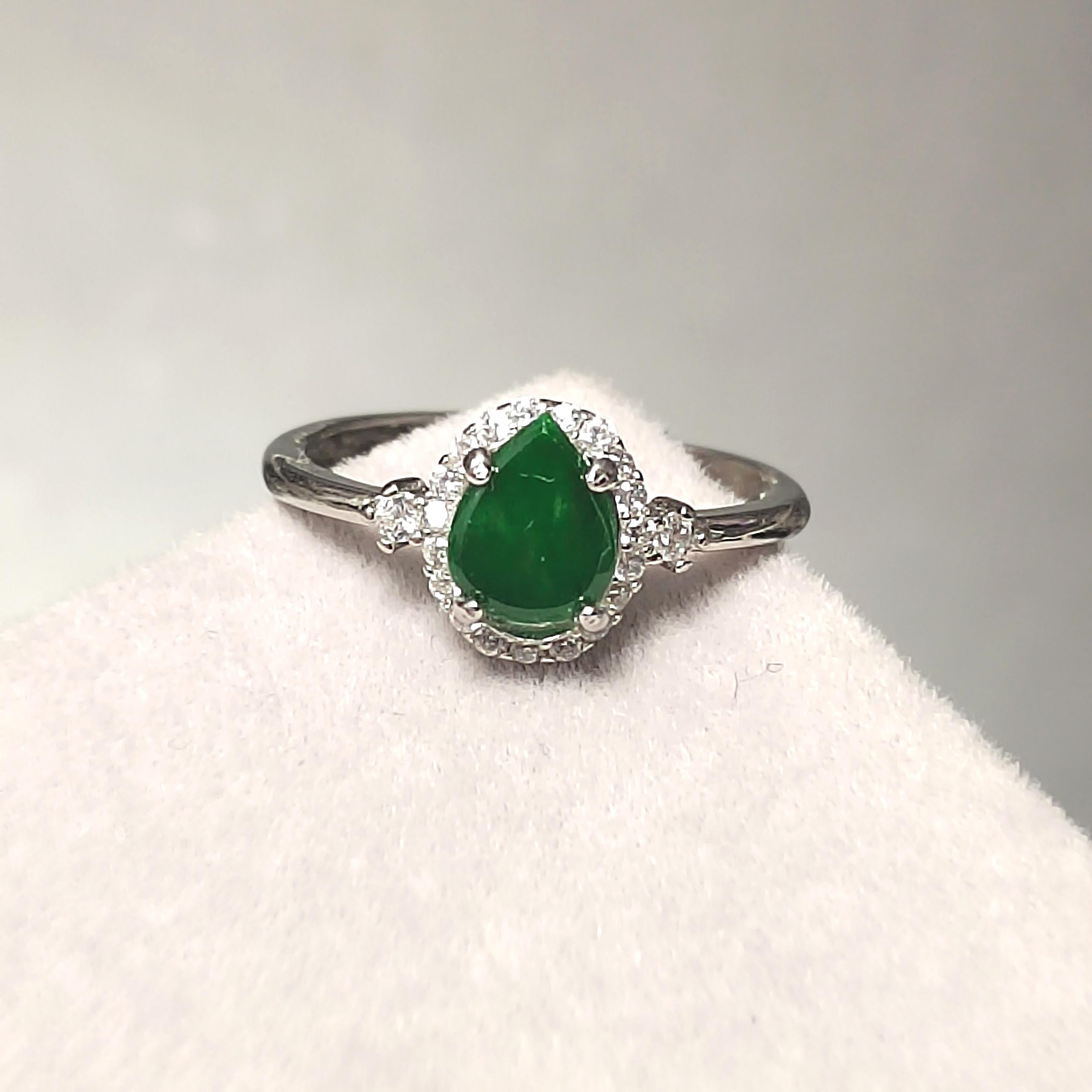 Certified A-Grade Natural Untreated Burmese Elegant Tear Drops Imperial Green With Zircon Set S925 Sterling Silver Jadeite Ring SL243X2 - SL Precious
