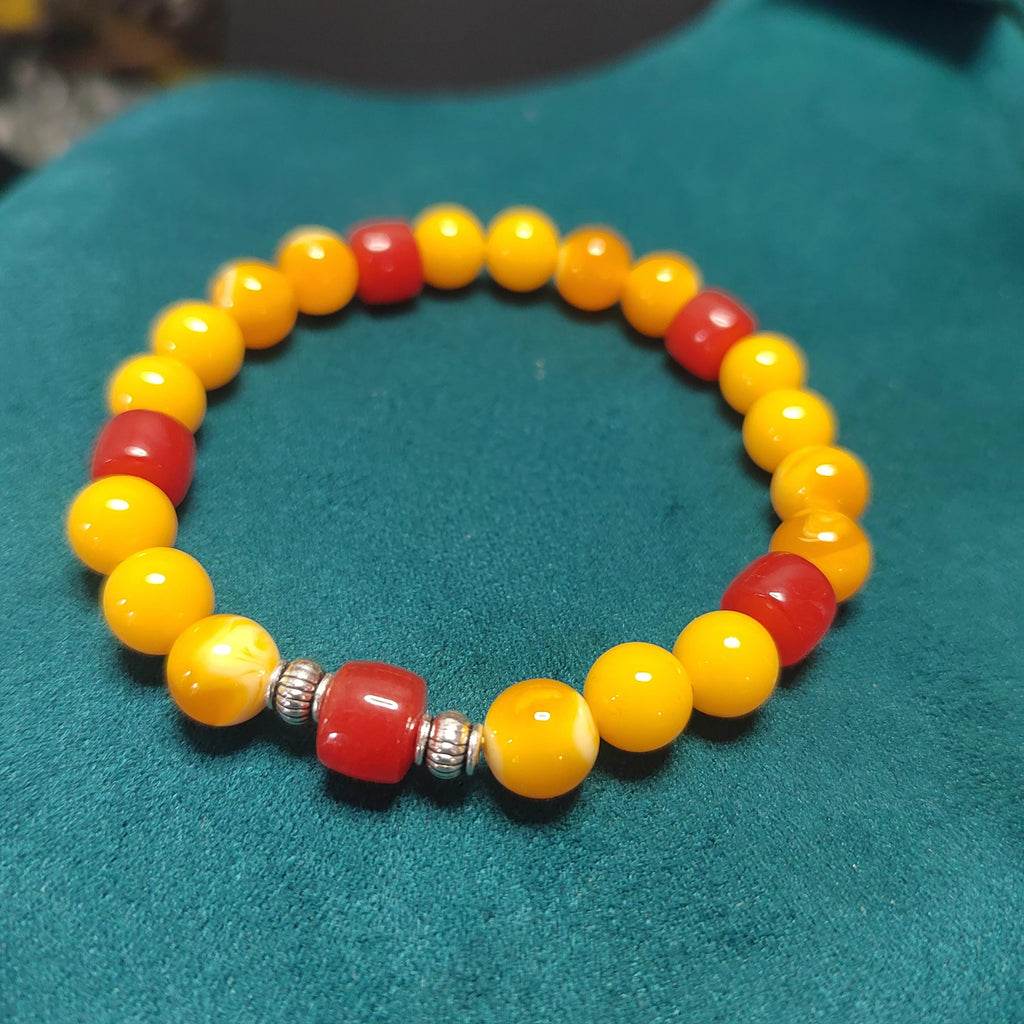 Natural Handmade Russian Baltic Beeswax Amber & China Southern Nanhong Agate S999 Pure Silver Bead Bracelet - Gifts for Her SL328
