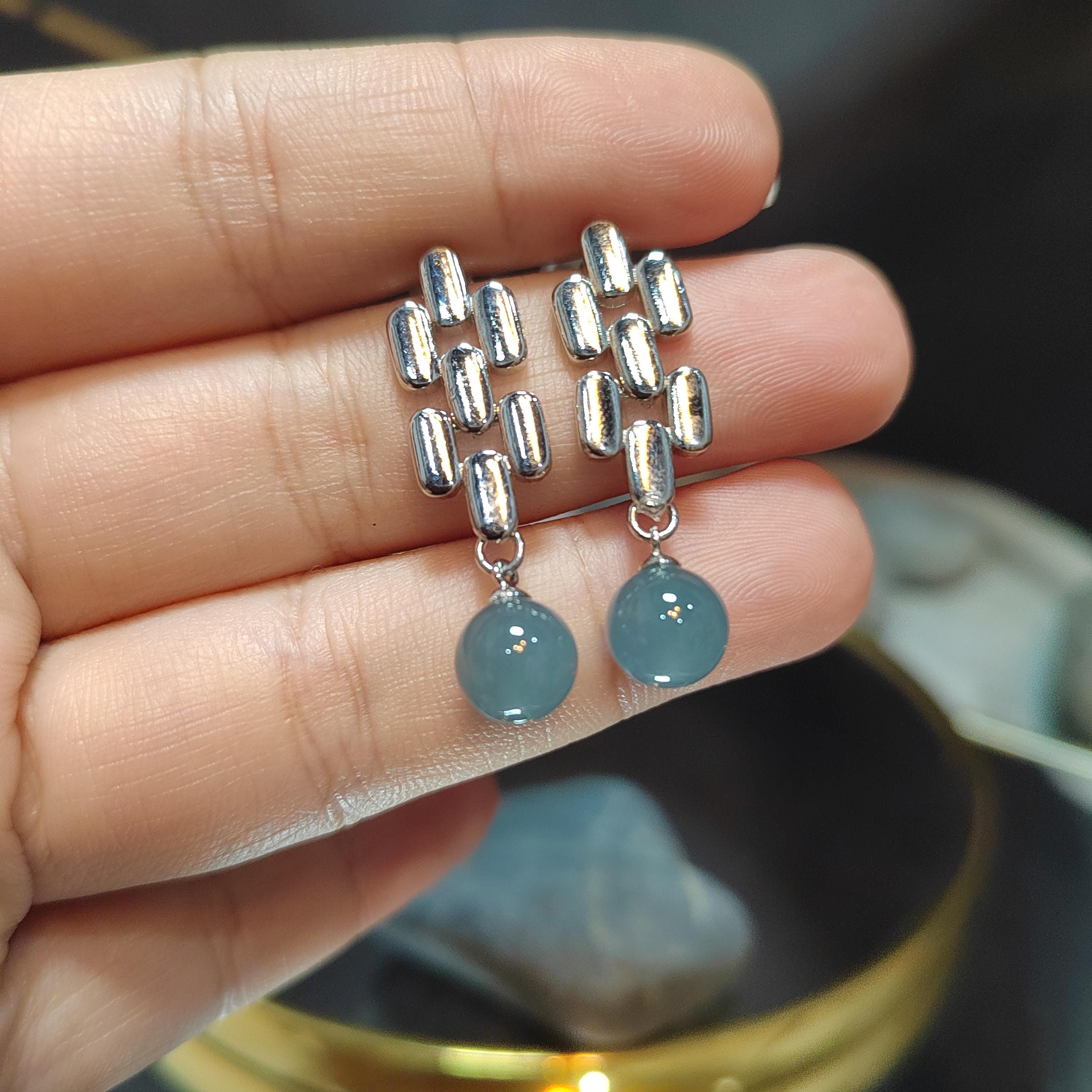 Certified Natural Guatemala Blue Ocean Beautiful Jadeite Earrings S925 Sterling Silver SL199