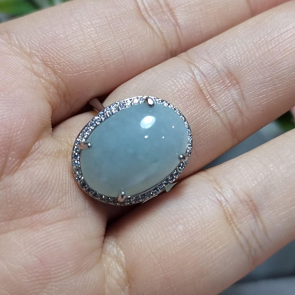 Burmese A-Grade Natural White Icy Blue Jadeite Ring | Floral Zirconia Adjustable SL085