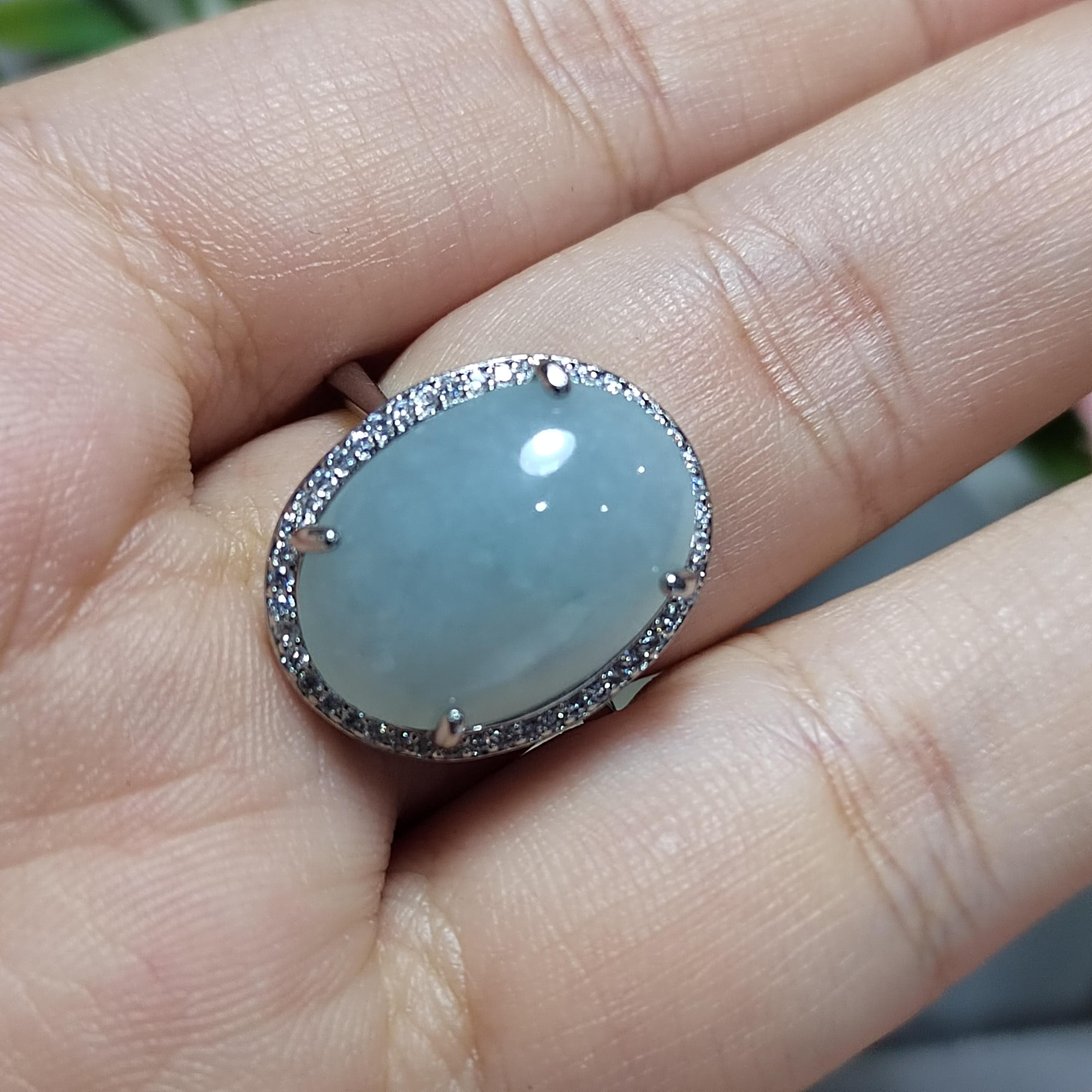 Burmese A-Grade Natural White Icy Blue Jadeite Ring | Floral Zirconia Adjustable SL085