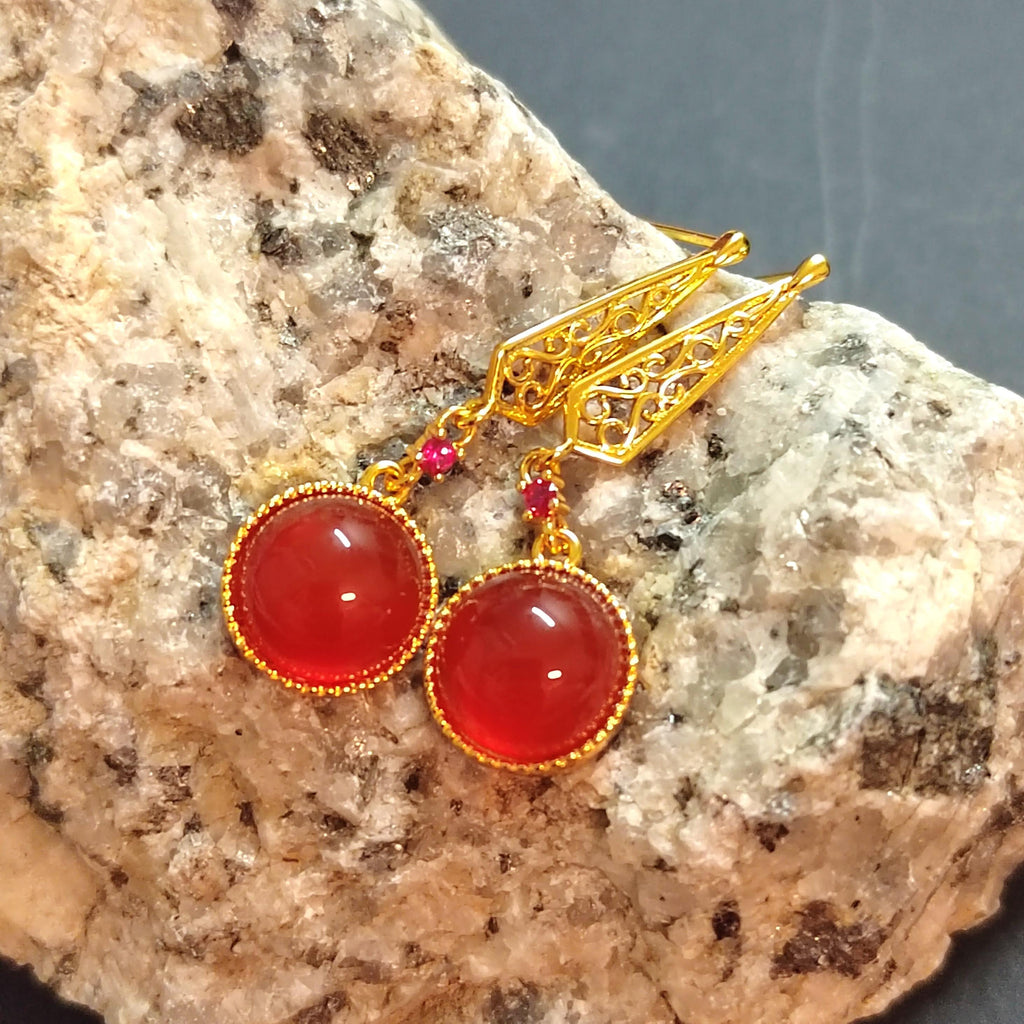Certified Icy China Baoshan Southern Red Nanhong Agate S925 Silver Stud Dangle 中国风  古法掐丝工艺镶嵌  原矿南红冰红细长耳饰 SL261X20