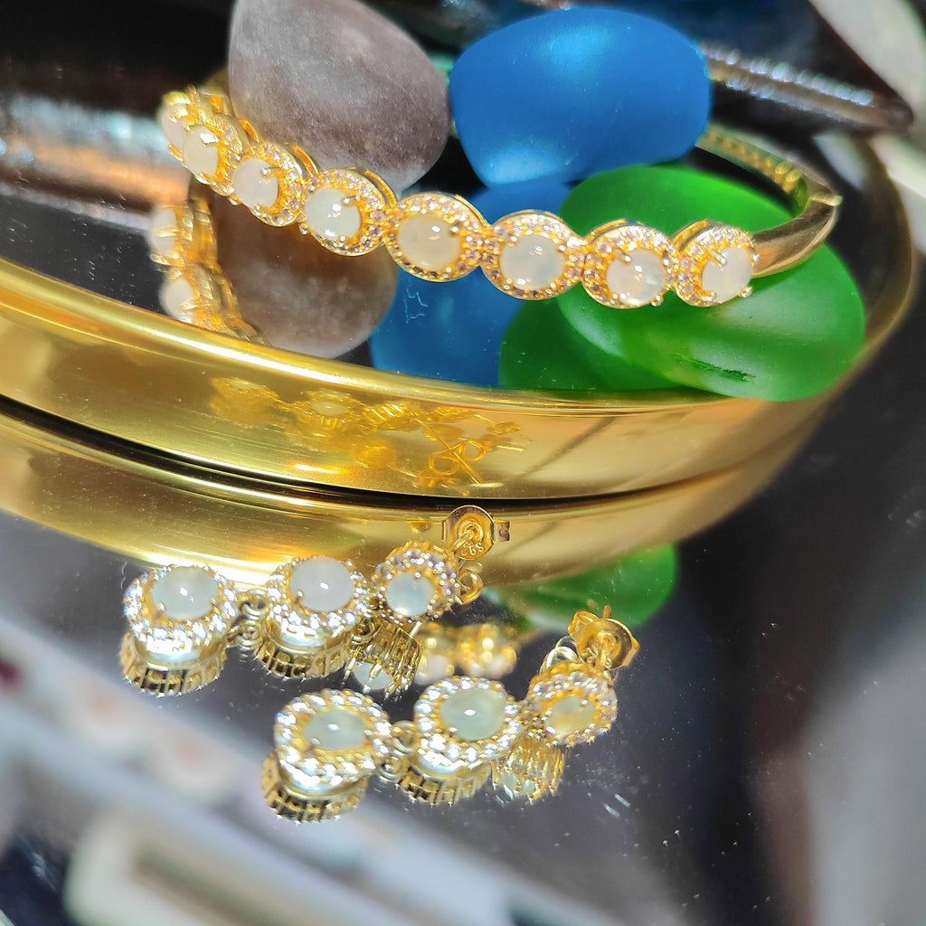Natural Luxury Burmese Icy Light Jadeite Earrings & Bangle Set | 18K Gold Plated SL064 - SL Precious