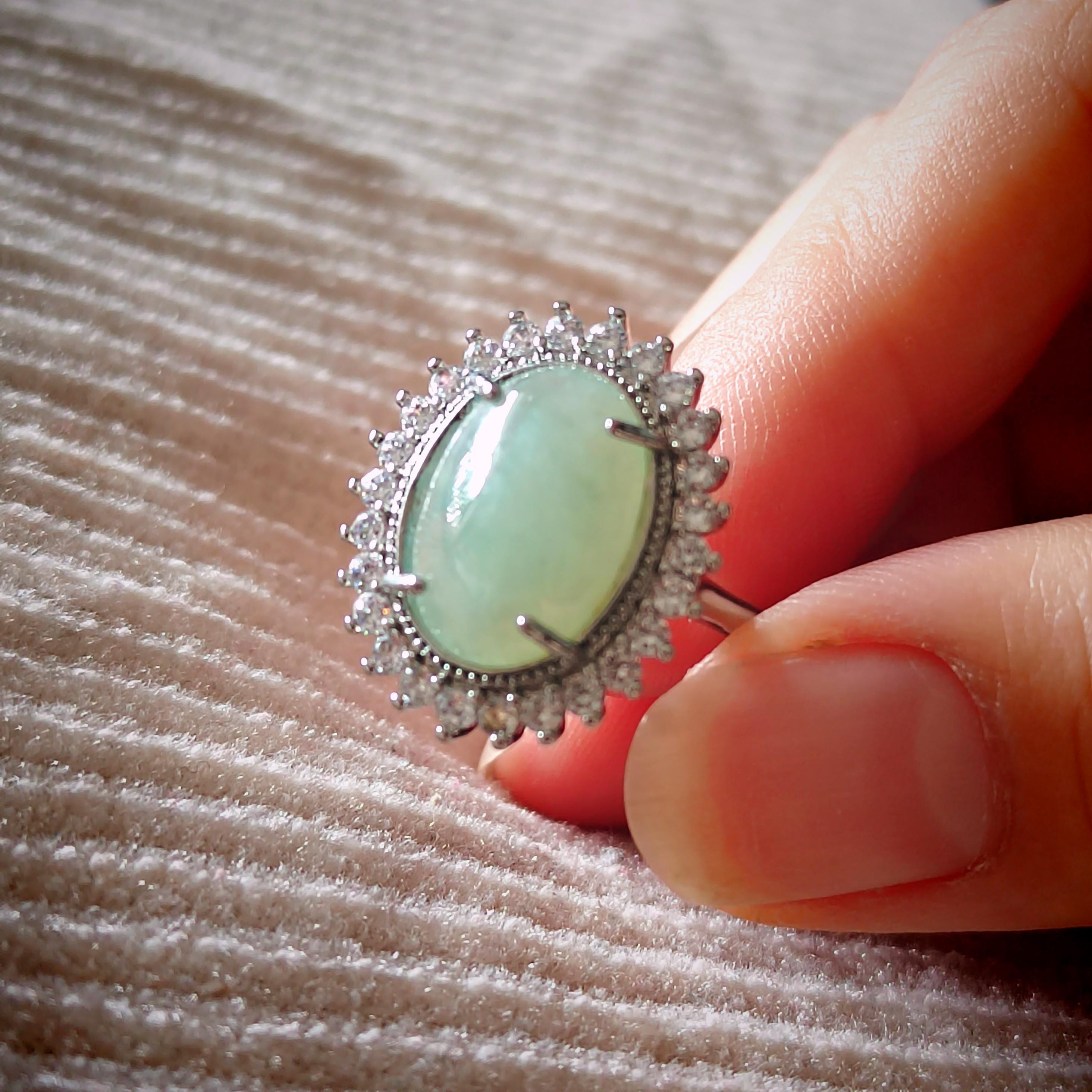 Burmese Gemstone Creamy Green Jadeite Ring | Zircon Accent | S925 Plated with 18K White Gold SL086