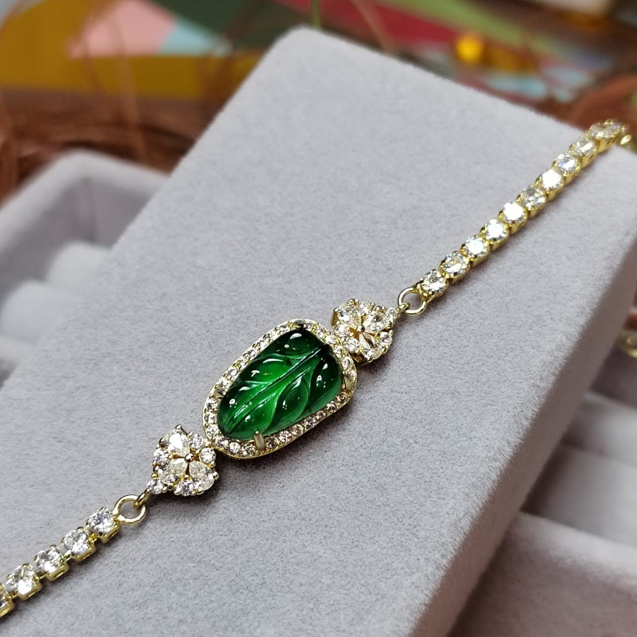 A-Grade Women Natural Gemstone Guatemala Imperial Geen Leaf Jadeite with Zircon on Gold Plated Bracelet For Her SL044