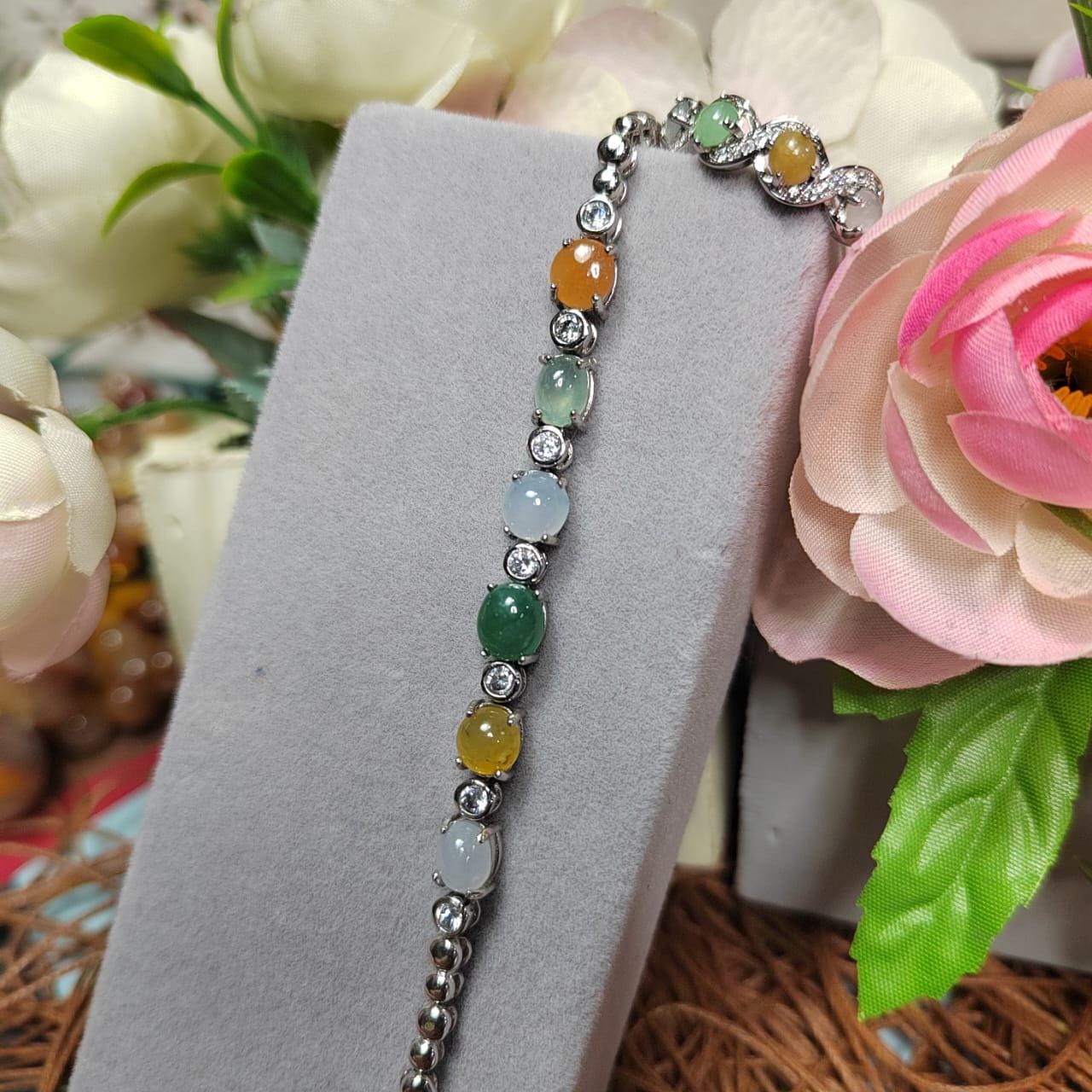 Burmese Gemstone Lucky Color Natural Jadeite Bracelet & Ring Set 925 Silver Plated with 18K White Gold Zircon Accent For Her Minimalist SL08 - SL Precious