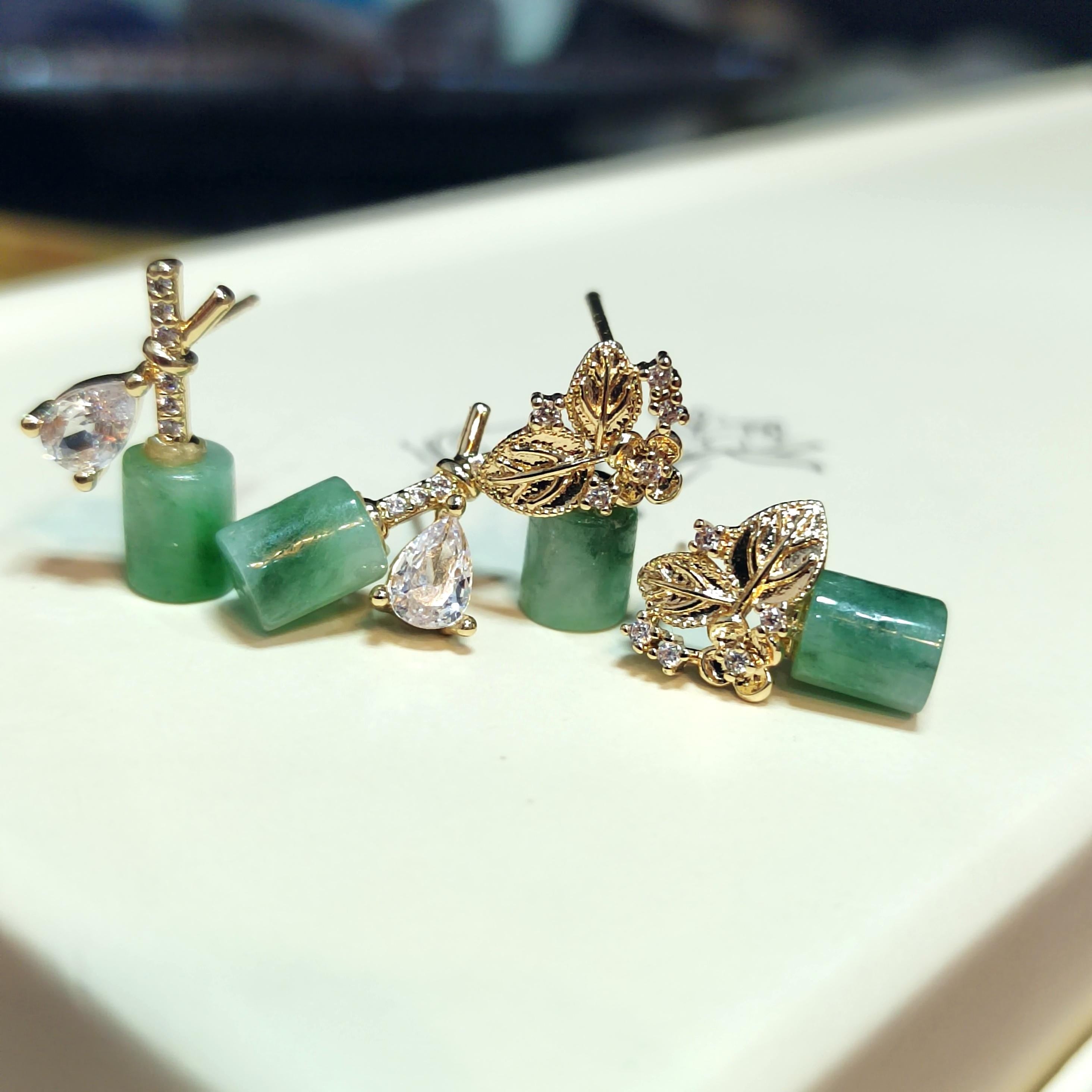 Certified A-Grade Natural Untreated Burmese Icy Floral Green Elegant Minimalist Jadeite Earrings SL178 SL184 SL195