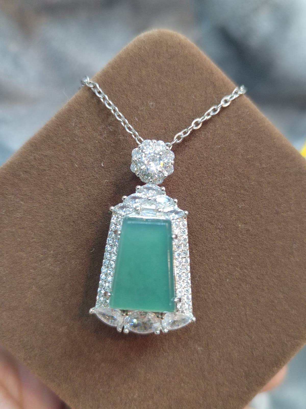 A-Grade Gemstone Elegant Guatemala Green Ocean Flat Cut Jade Pendant Necklace | Brass Plating & Zirconia | For Her SL8009