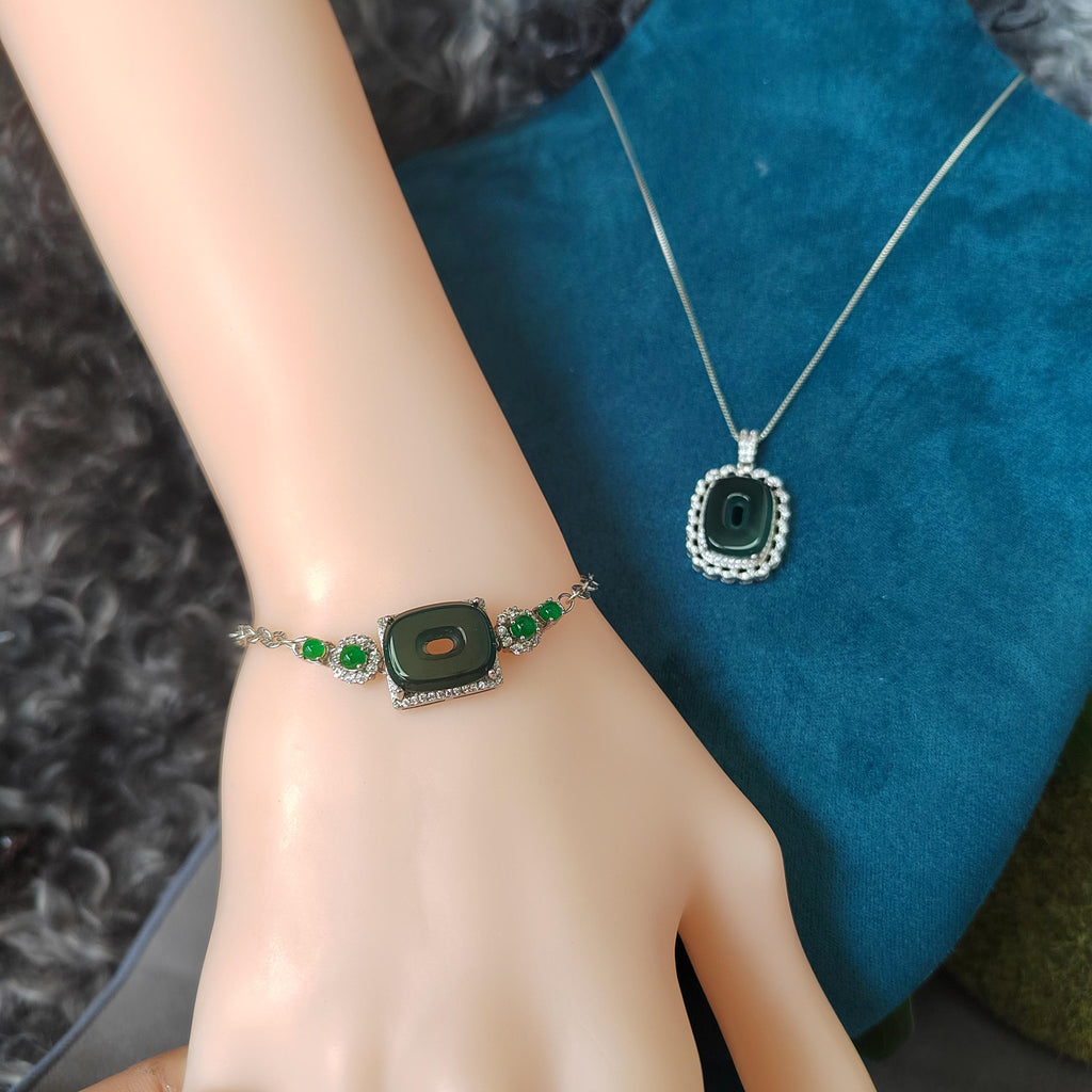 2pcs Set Square Natural Guatemala Bluish Green Bracelet Necklace 4 Imperial Green Jadeite Pendant Gemstone 925 18k Plated 老蓝水 SL053 - SL Precious