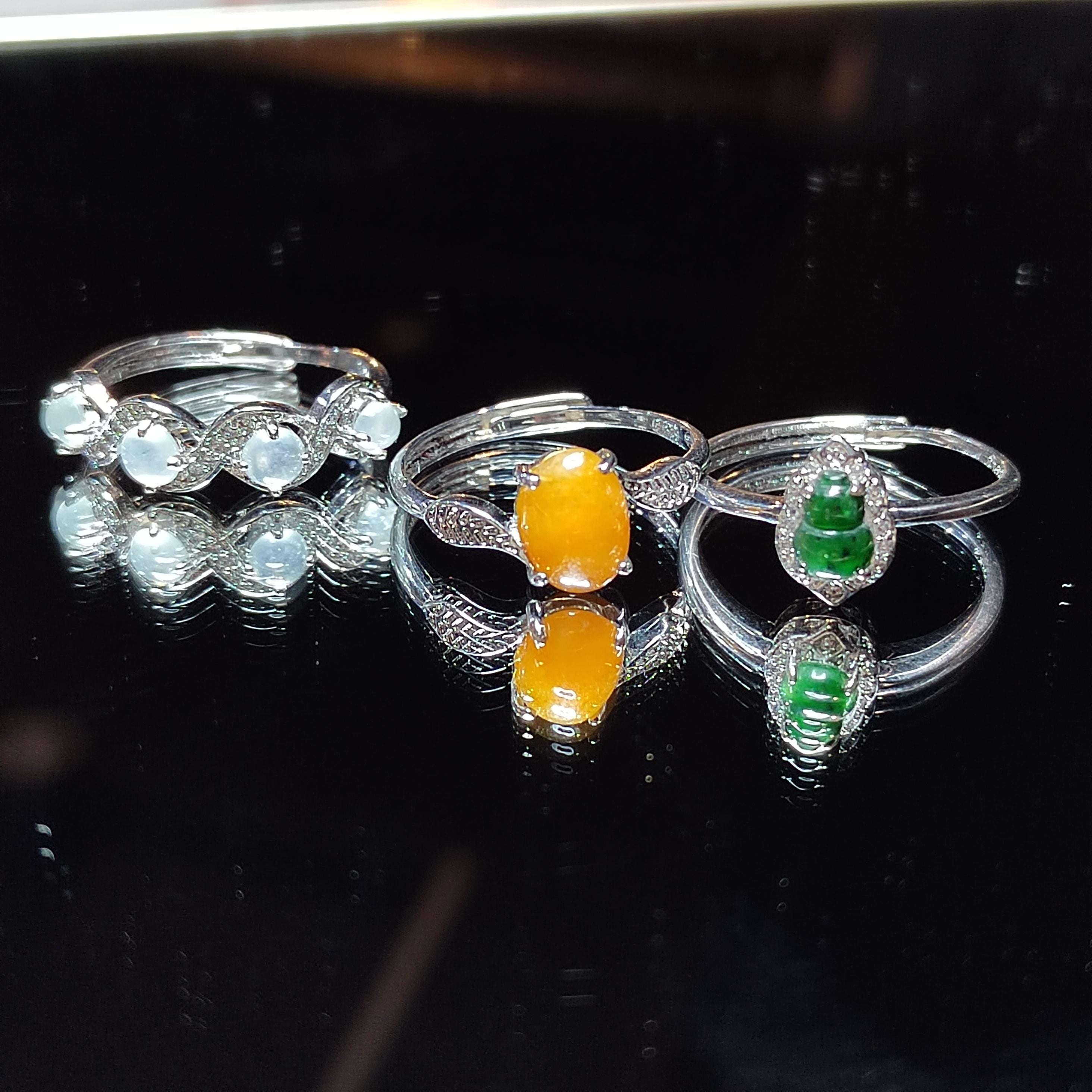 3pcs Natural Untreated Burmese Jadeite Ring Set | Imperial Green, Honey Yellow, Icy White | S925 Silver | No Cert | SL406