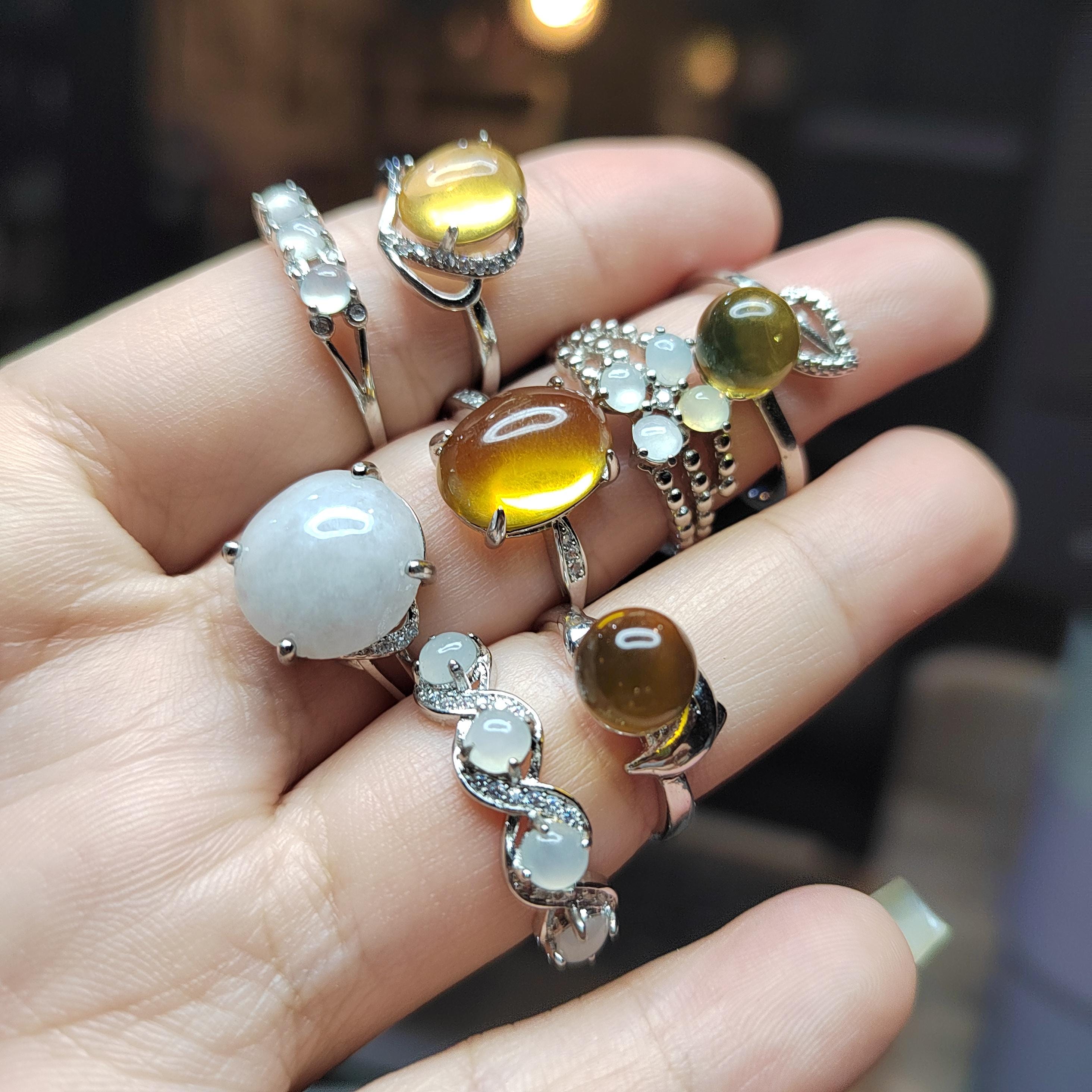Burmese Blue Amber & Jadeite Ring Set: 18K Gold-Plated S925 Silver, Adjustable SL417