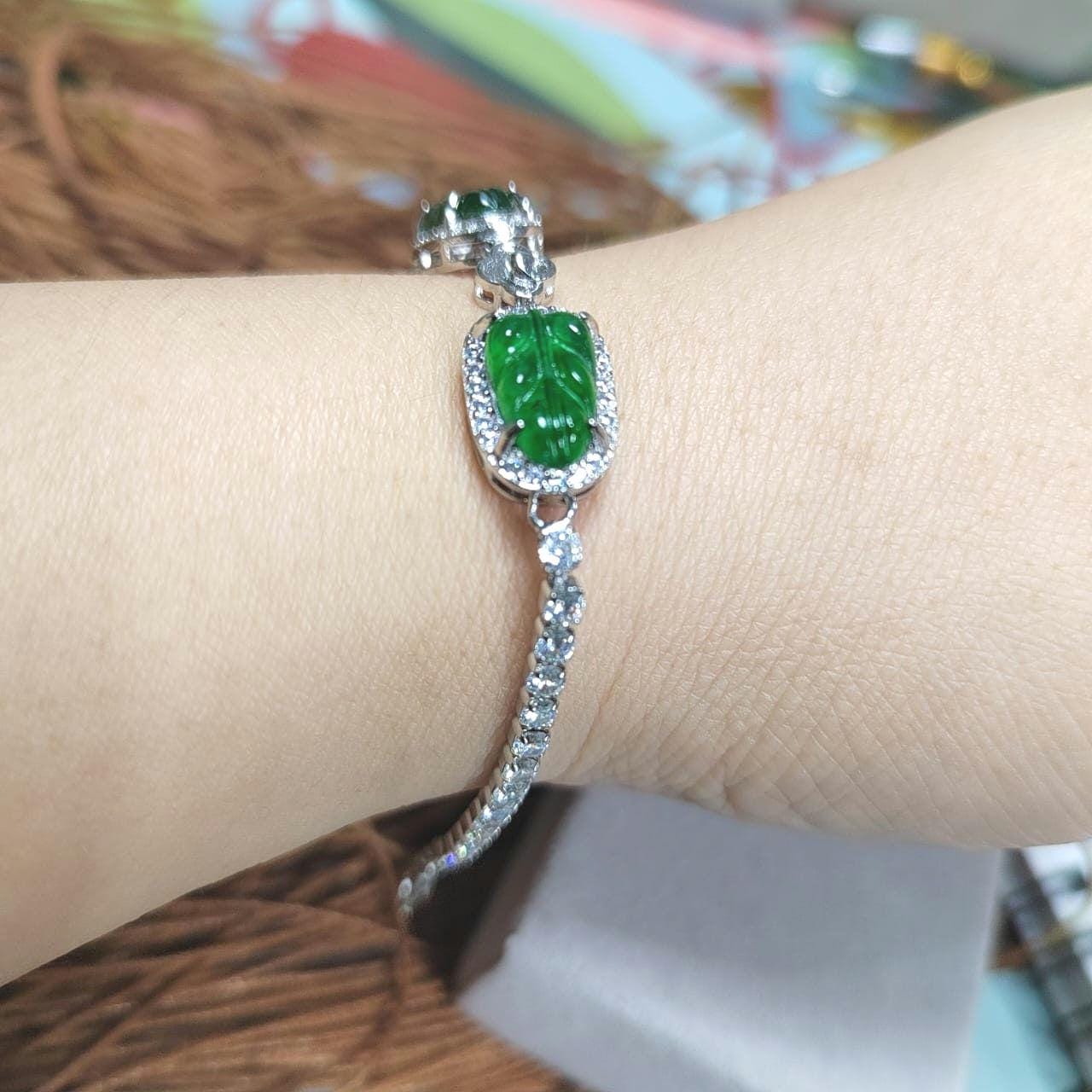 Luxury 2pcs Set A-Grade Imperial Green Guatemalan Leaf Jadeite 925 Silver Ring & Bracelet, Elegant Gift for Her SL033 - SL Precious