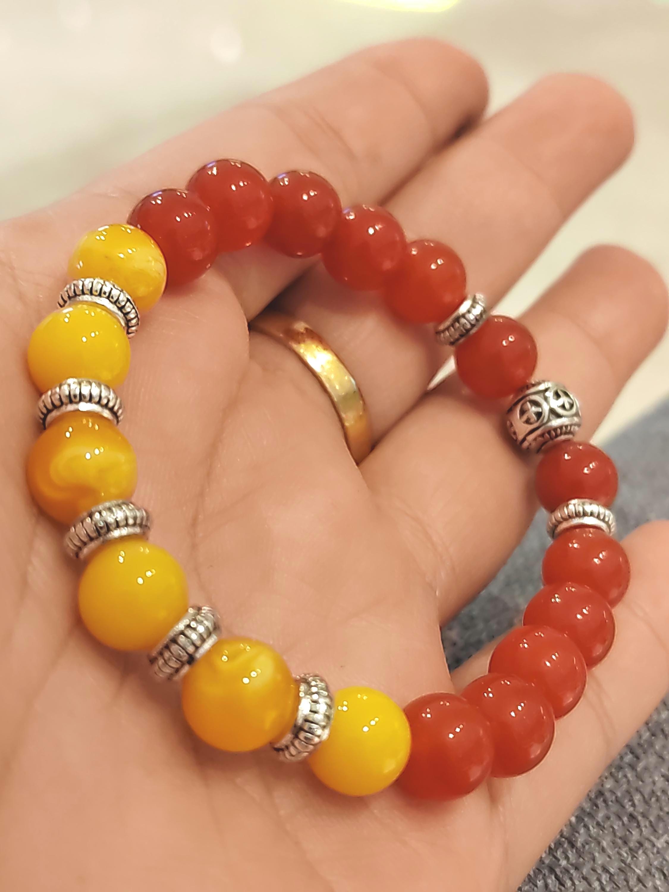 Natural Handmade Russian Baltic Beeswax Amber & Sichuan Baoshan Nanhong Agate S999 Spacer Beads Bracelet Gifts SL325