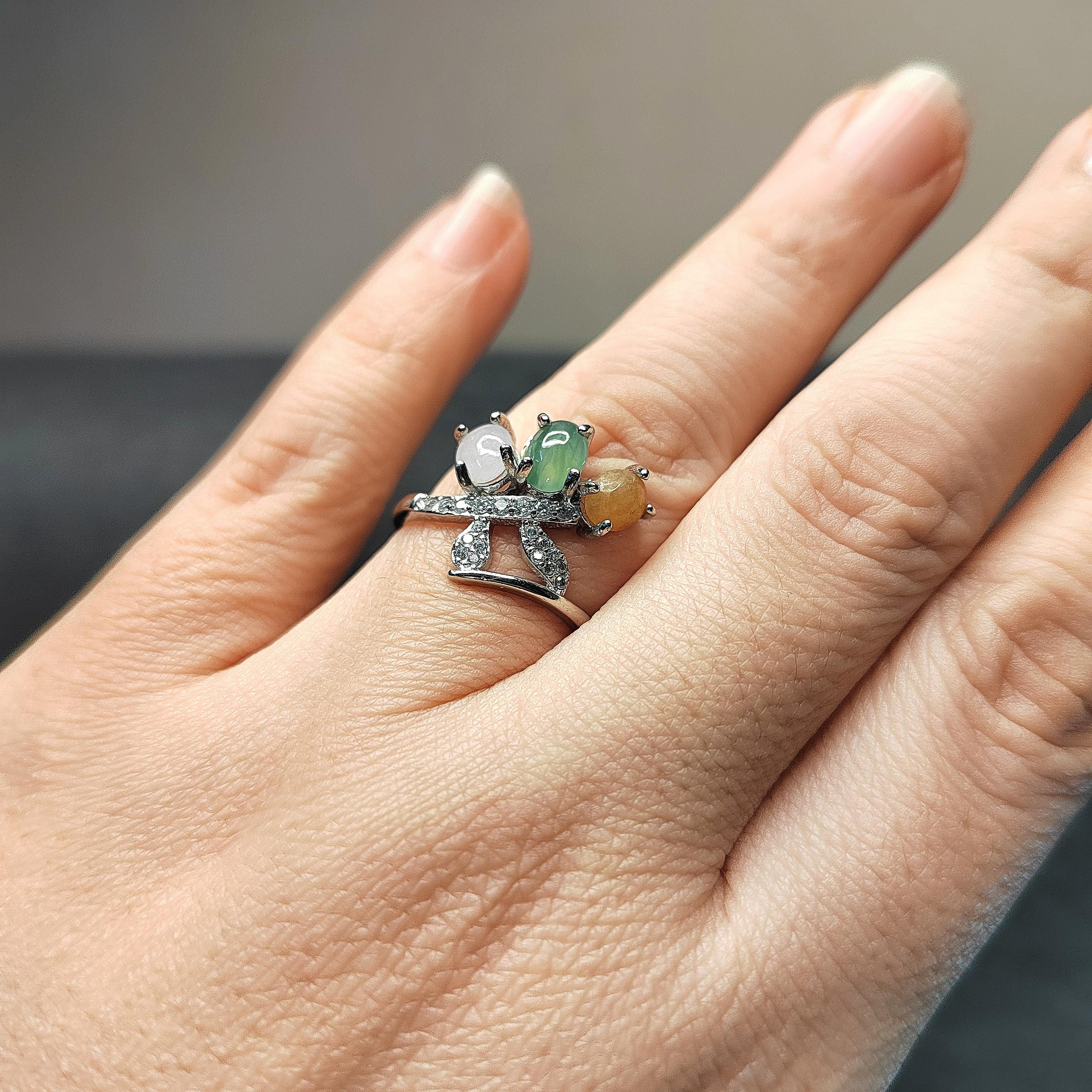 3 Colors Certified Natural Gemstone Untreated Burmese Jadeite Elegant Lower Leaf Yellow, Green, White with Zircon Accents S925 Ring SL134