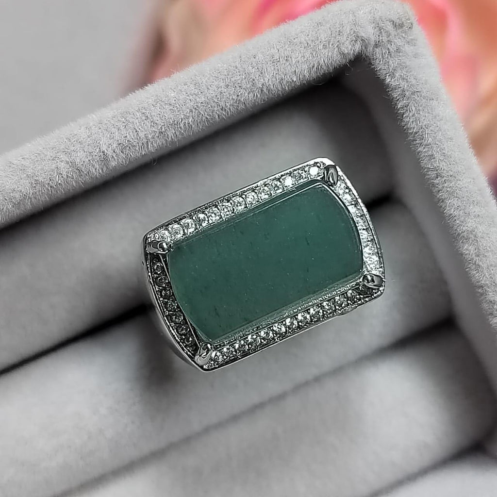Green Guatemala Jade Zircon Accent Statement Ring S925 Silver Plated with 18K White Gold Unisex SL084 - SL Precious